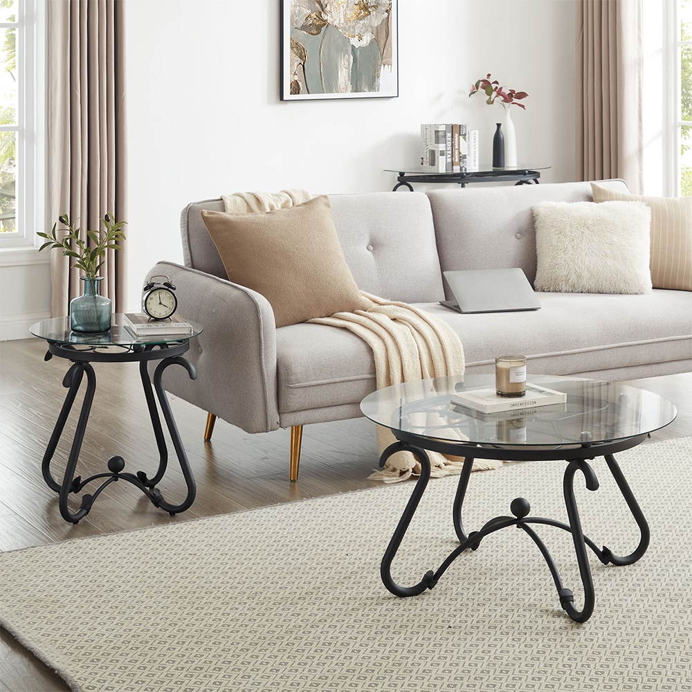 2 Piece Tempered Glass Surface Coffee Table Set, Decor Coffee Table Round End Side Table with Sturdy Construction for Living Room 2 Piece Tempered Glass Surface Coffee Table Set, Decor Coffee Table Round End Side Table with Sturdy Construction for Living Room