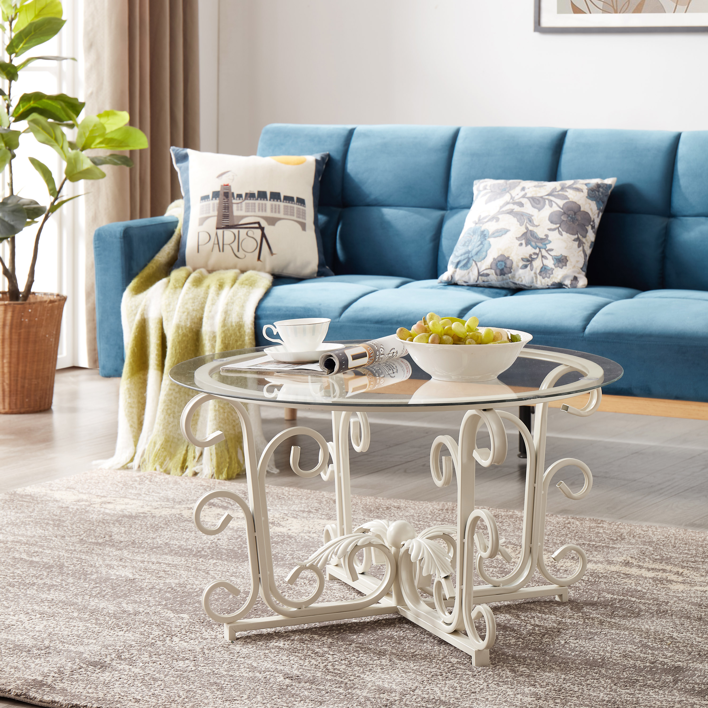 Round Tempered Glass Coffee Table,with Metal Leaf Shape Base,Leisure Cocktail Table with Tempered Glass Top for Living Room,Home,Office Round Tempered Glass Coffee Table,with Metal Leaf Shape Base,Leisure Cocktail Table with Tempered Glass Top for Living Room,Home,Office