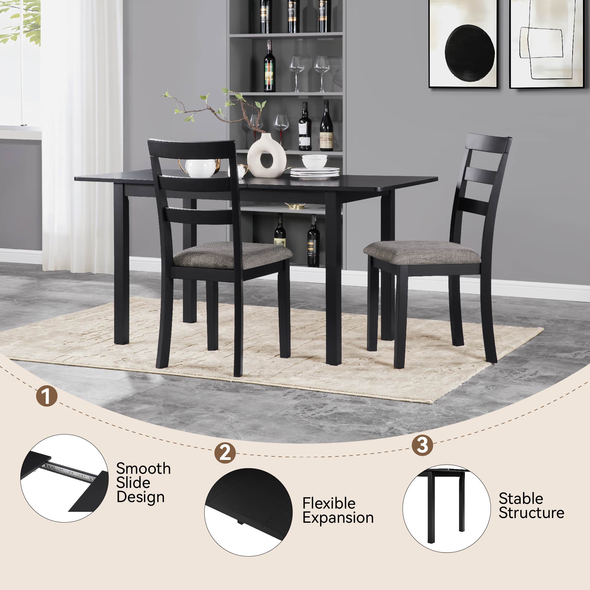 59‘’ Extendable Dining Table, Modern House Dining Room Table for 4-8, Wooden Kitchen Table , Dining Room, Working Office, Home Living Room Furniture for Small Space, Black 59‘’ Extendable Dining Table, Modern House Dining Room Table for 4-8, Wooden Kitchen Table , Dining Room, Working Office, Home Living Room Furniture for Small Space, Black