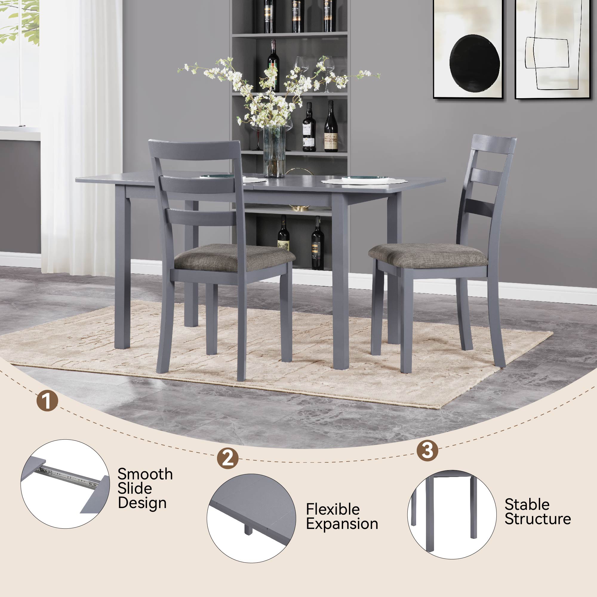 59‘’ Extendable Dining Table, Modern House Dining Room Table for 4-8, Wooden Kitchen Table , Dining Room,  Working Office, Home Living Room Furniture for Small Space, Dark Gray