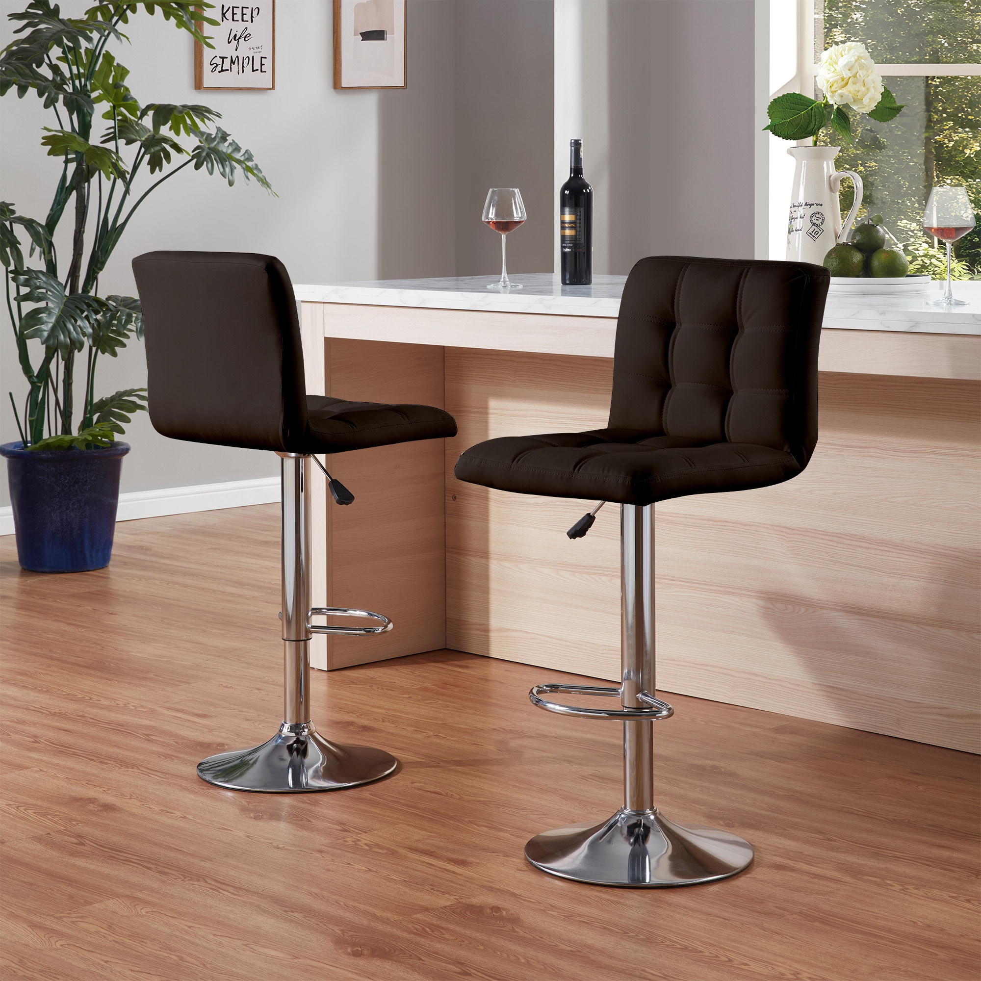 Bar Stools 1 Set of 2, Counter Height Bar Stools, Square Cushion Bar Stools with Back, Footstool, Cafe, Brown, 2 pieces Bar Stools 1 Set of 2, Counter Height Bar Stools, Square Cushion Bar Stools with Back, Footstool, Cafe, Brown, 2 pieces