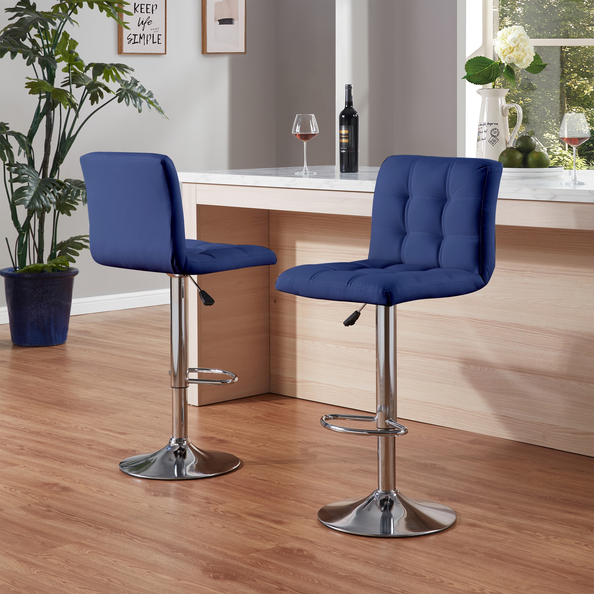 Bar Stools 1 Set of 2, Counter Height Bar Stools, Square Cushion Bar Stools with Back, Footstool, Cafe, Blue, 2 pieces Bar Stools 1 Set of 2, Counter Height Bar Stools, Square Cushion Bar Stools with Back, Footstool, Cafe, Blue, 2 pieces