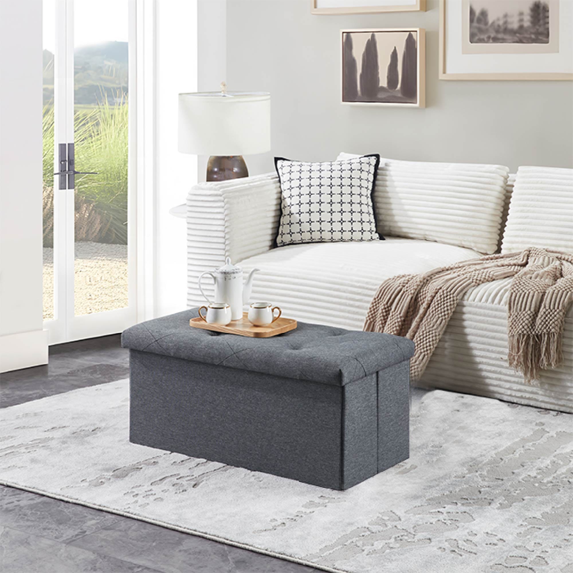 Folding Storage Ottoman Bench, Ottoman Foot Rest, End of Bed Bench, Storage Chest,  for Living Room, Bedroom, Entryway, 30 Inches, Gray