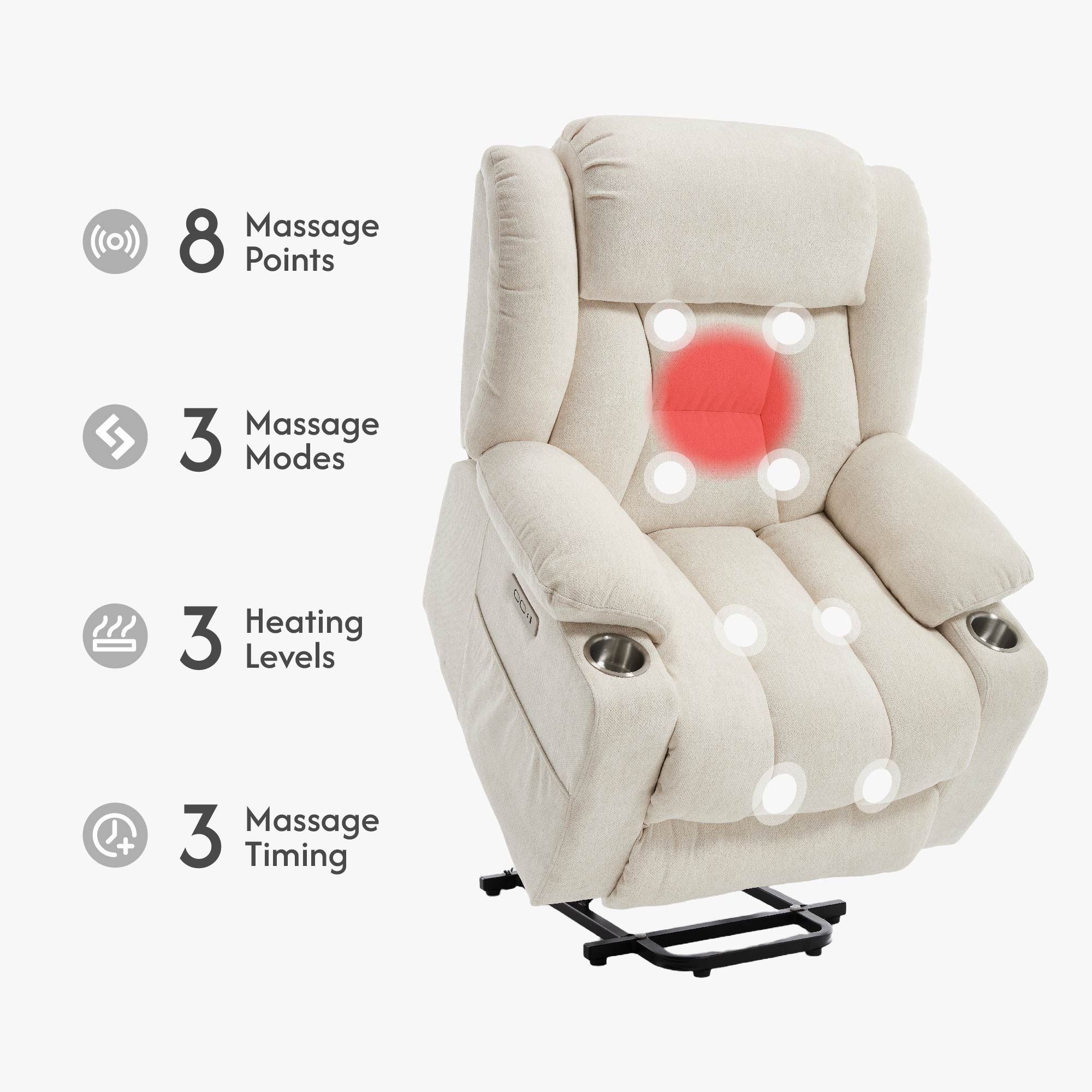 Power Lift Recliner Chair for Elderly, Recliner chair with Massage & Heat, Electric Leather Lift Recliner Chair for Living Room with Side Pocket, USB & Type-C Charge Port, Beige