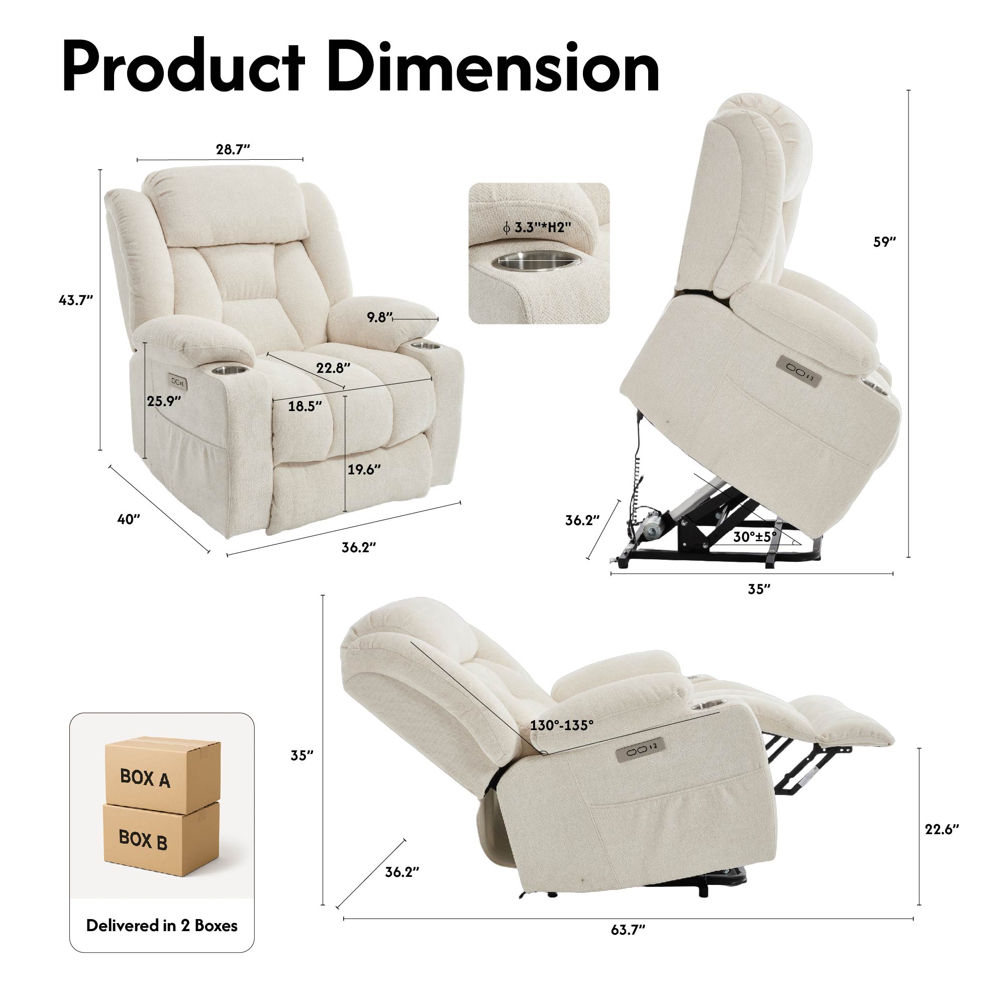 Power Lift Recliner Chair for Elderly, Recliner chair with Massage & Heat, Electric Leather Lift Recliner Chair for Living Room with Side Pocket, USB & Type-C Charge Port, Beige