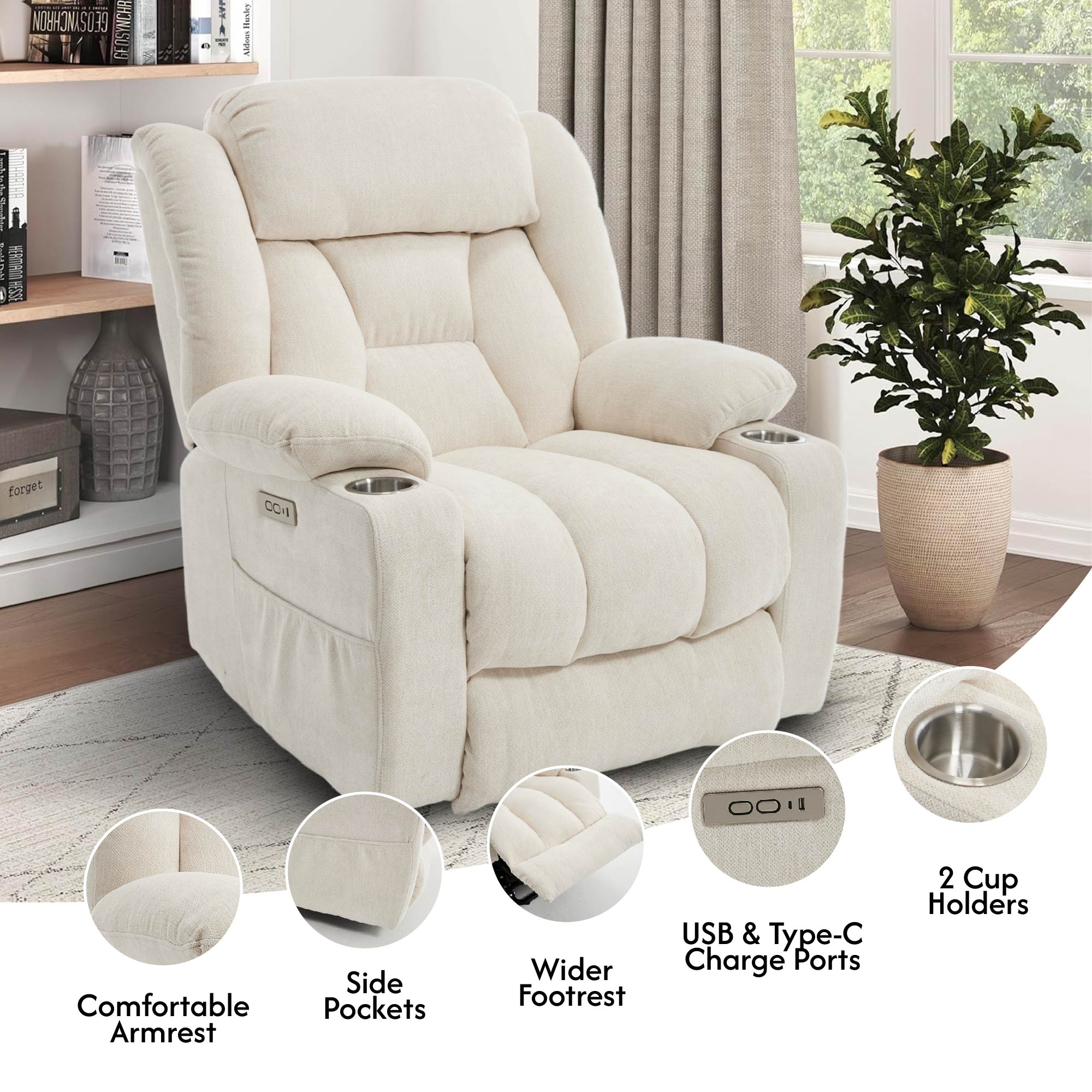 Power Lift Recliner Chair for Elderly, Recliner chair with Massage & Heat, Electric Leather Lift Recliner Chair for Living Room with Side Pocket, USB & Type-C Charge Port, Beige