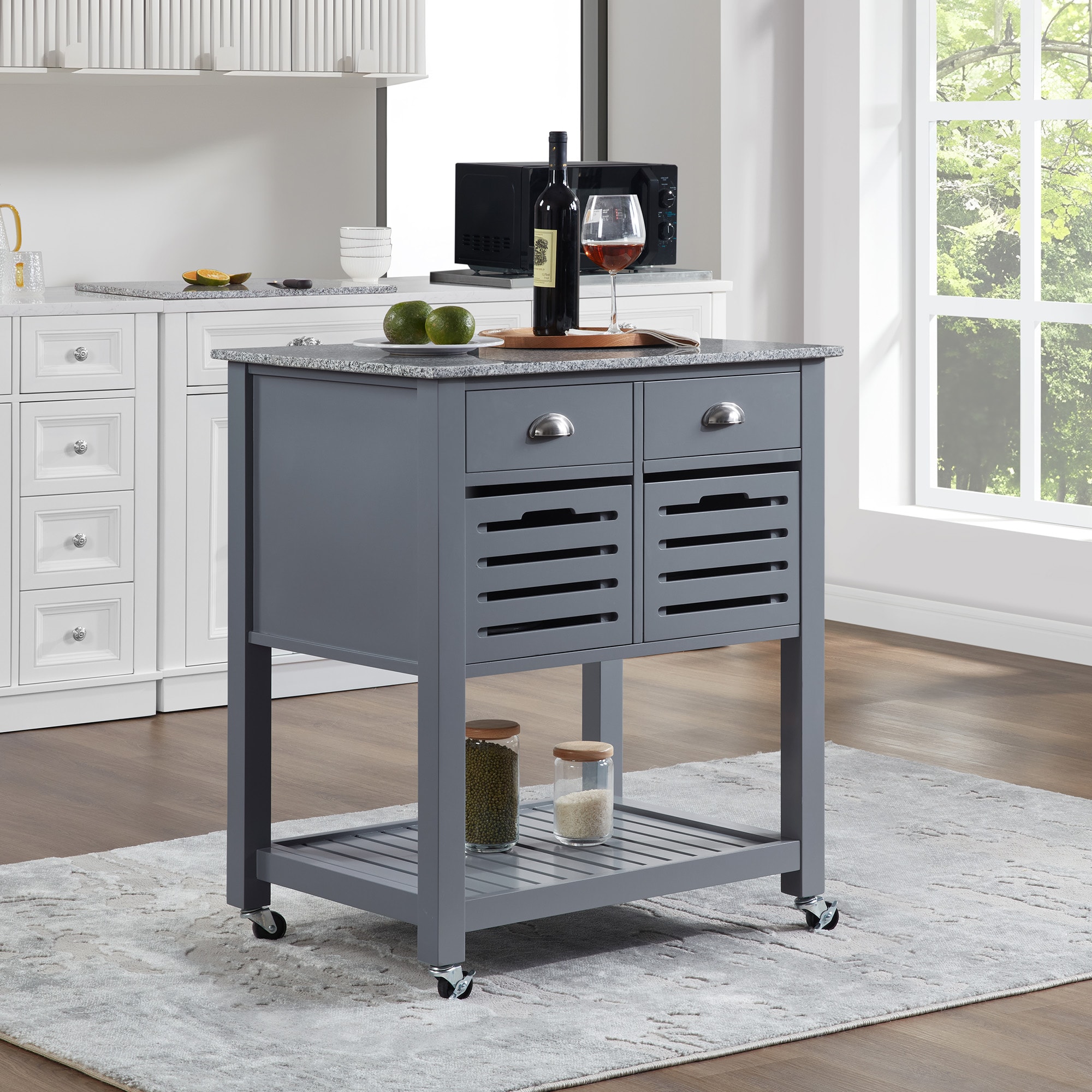 Mobile Rolling Kitchen Island Trolley Serving Cart with Underneath Drawer & Slide-Out Wire Storage Basket Mobile Rolling Kitchen Island Trolley Serving Cart with Underneath Drawer & Slide-Out Wire Storage Basket