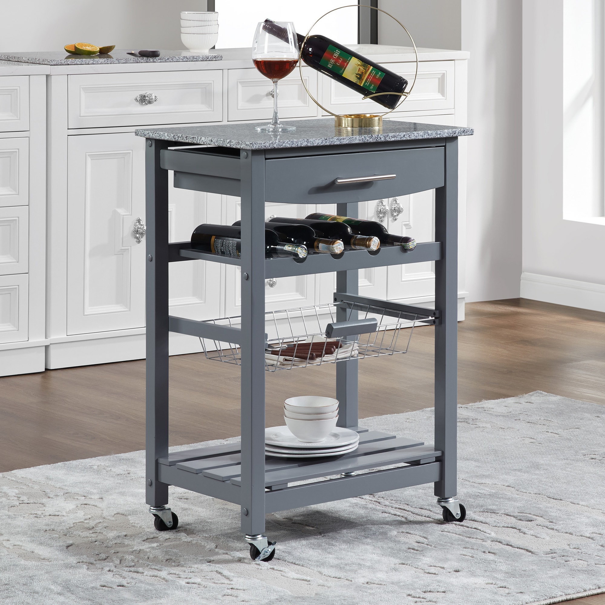 Mobile Rolling Kitchen Island Trolley Serving Cart with Underneath Drawer & Slide-Out Wire Storage Basket Mobile Rolling Kitchen Island Trolley Serving Cart with Underneath Drawer & Slide-Out Wire Storage Basket