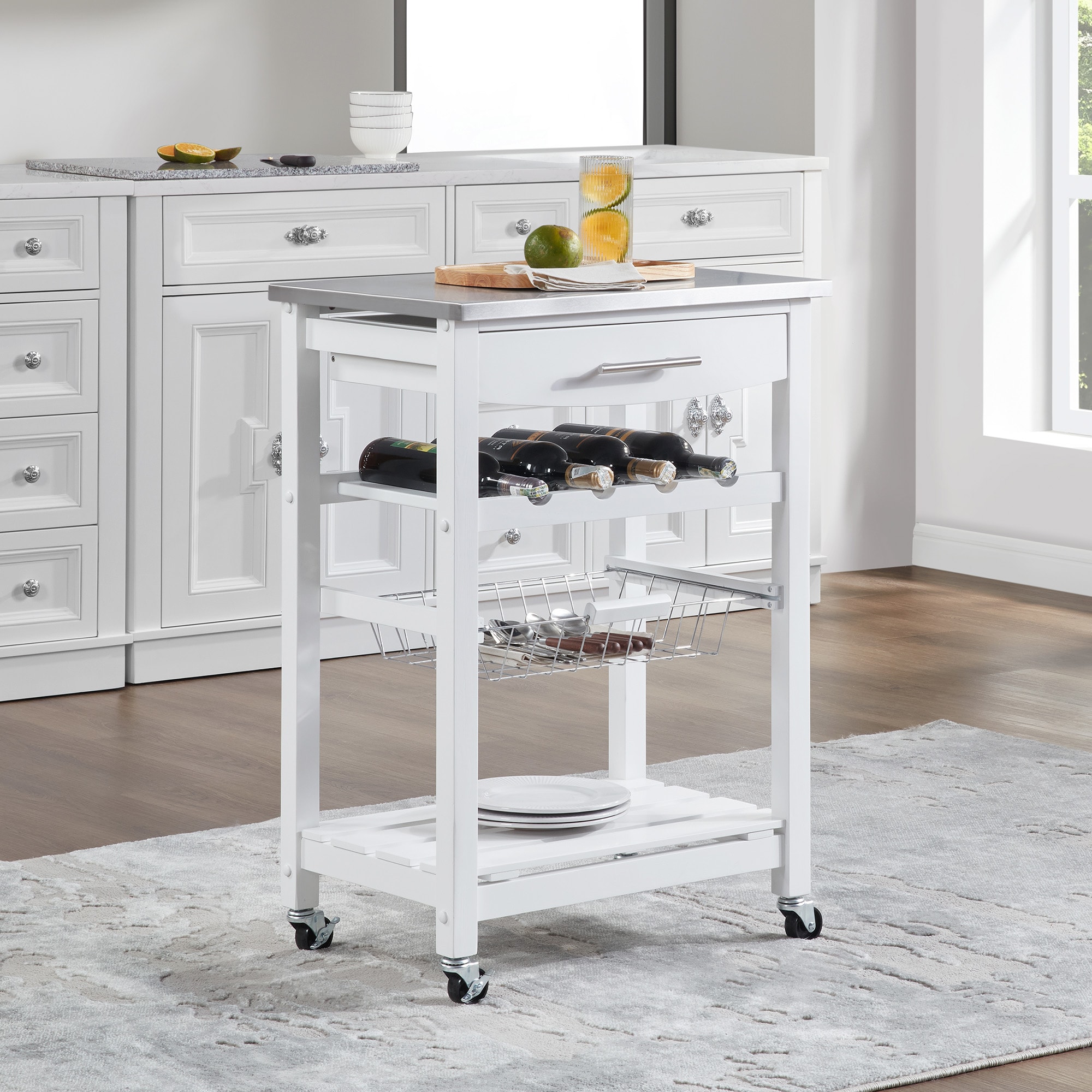 Mobile Rolling Kitchen Island Trolley Serving Cart with Underneath Drawer & Slide-Out Wire Storage Basket Mobile Rolling Kitchen Island Trolley Serving Cart with Underneath Drawer & Slide-Out Wire Storage Basket