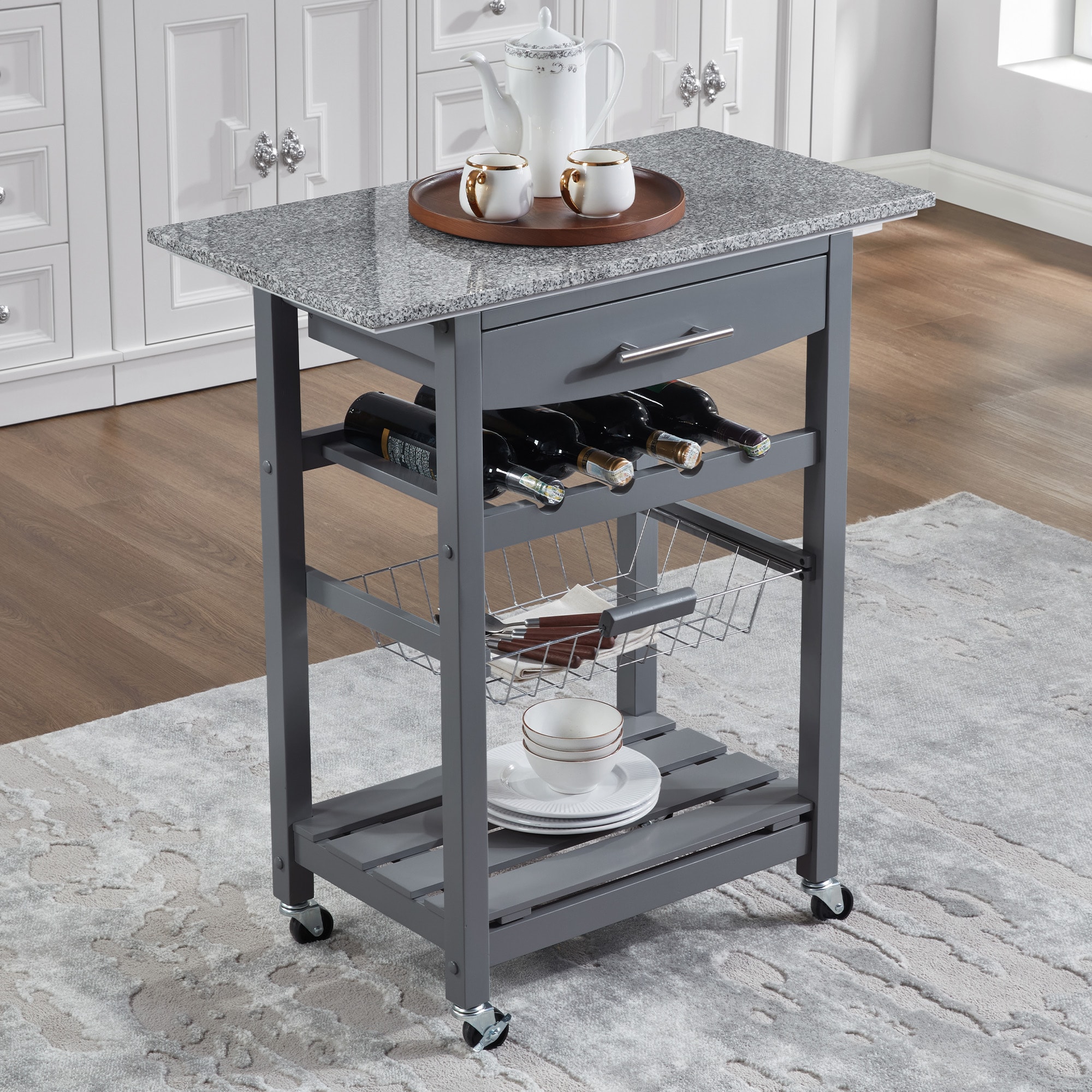 Mobile Rolling Kitchen Island Trolley Serving Cart with Underneath Drawer & Slide-Out Wire Storage Basket Mobile Rolling Kitchen Island Trolley Serving Cart with Underneath Drawer & Slide-Out Wire Storage Basket