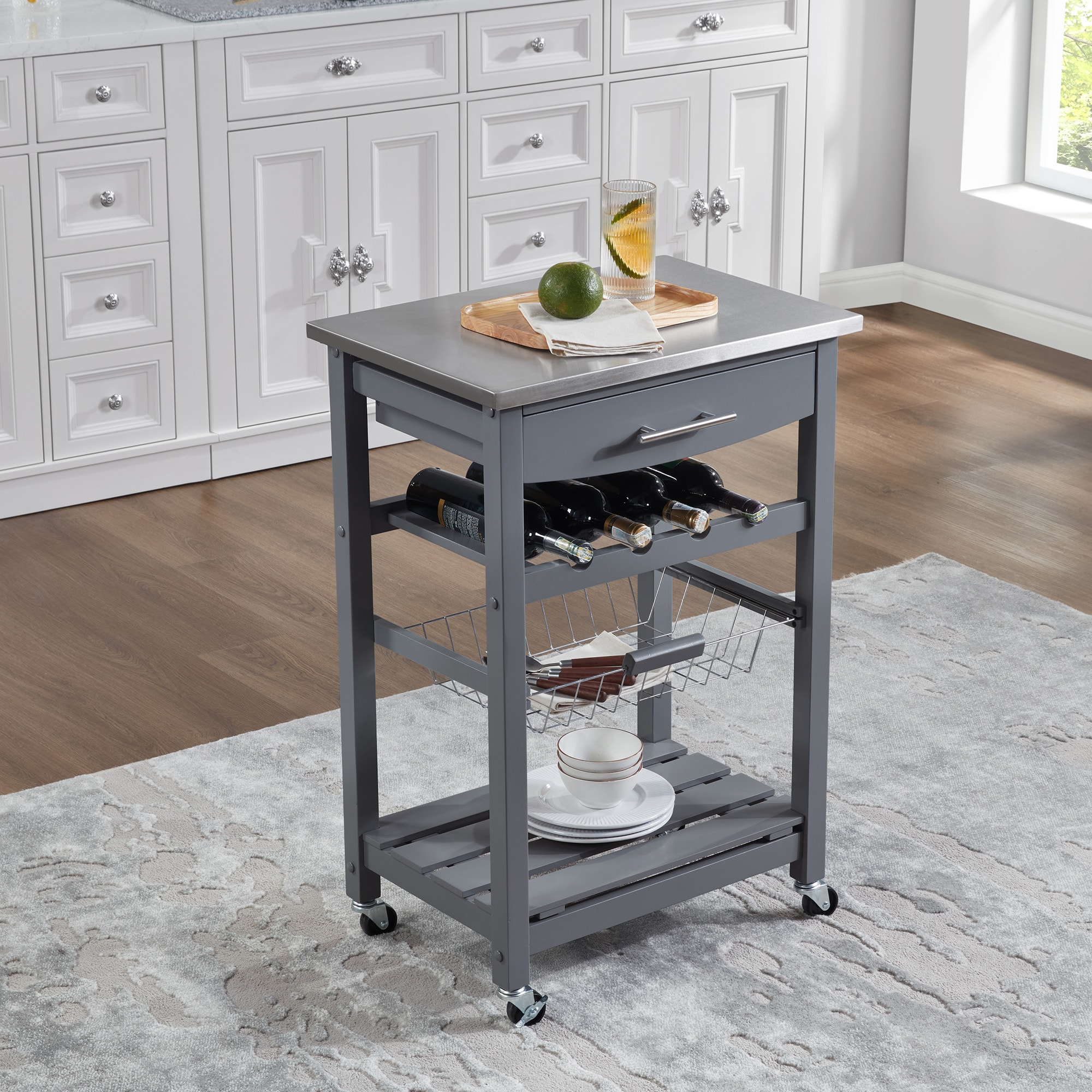 Mobile Rolling Kitchen Island Trolley Serving Cart with Underneath Drawer & Slide-Out Wire Storage Basket Mobile Rolling Kitchen Island Trolley Serving Cart with Underneath Drawer & Slide-Out Wire Storage Basket