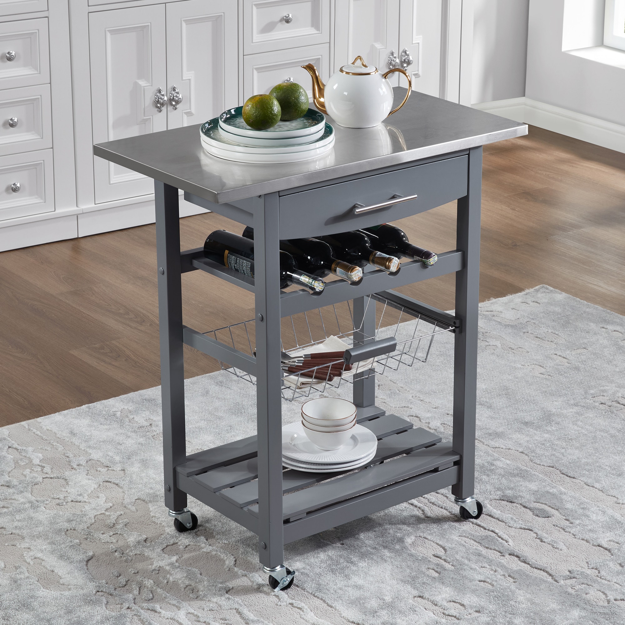 Mobile Rolling Kitchen Island Trolley Serving Cart with Underneath Drawer & Slide-Out Wire Storage Basket Mobile Rolling Kitchen Island Trolley Serving Cart with Underneath Drawer & Slide-Out Wire Storage Basket