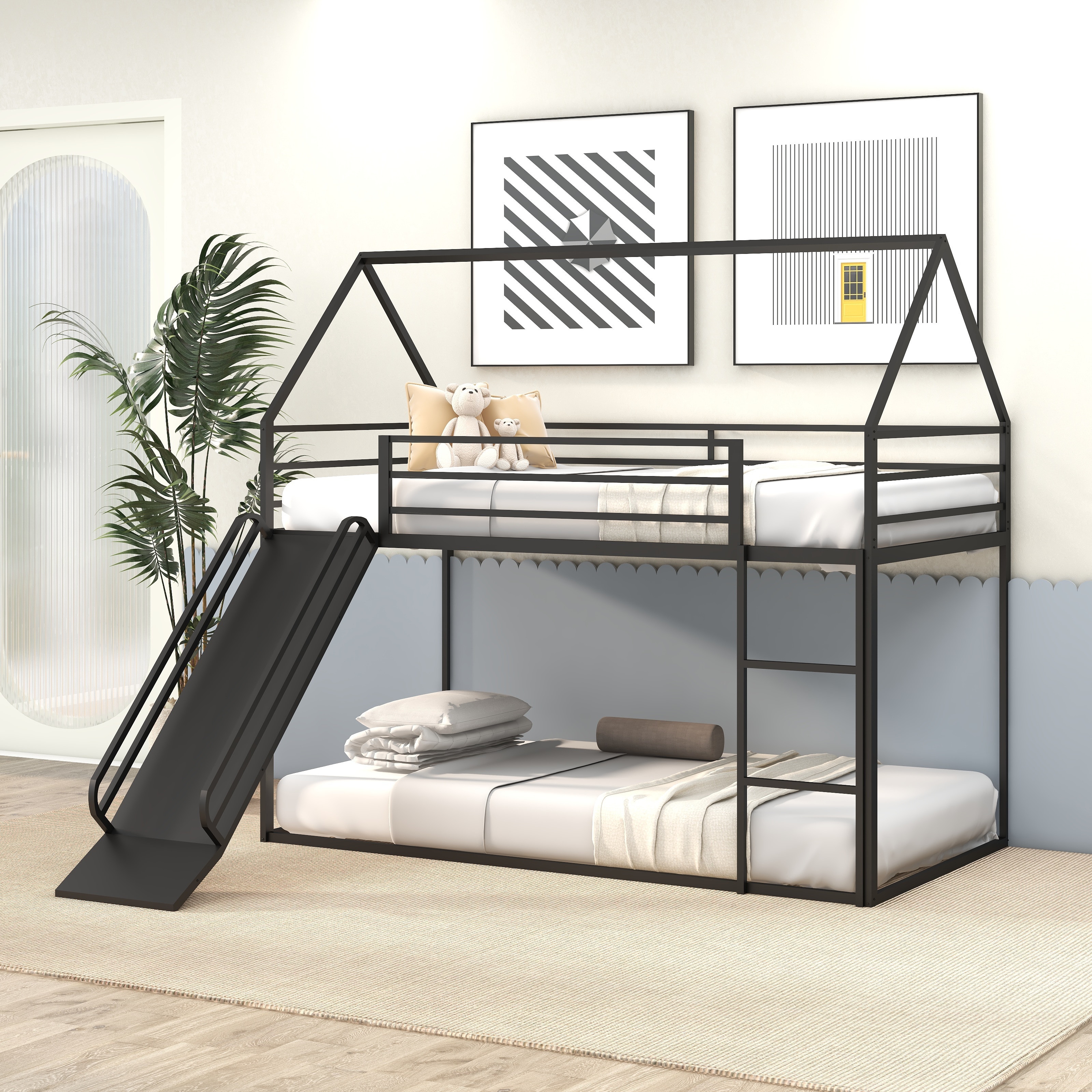 Twin over Twin House Bed with Ladder and Slider, House Bed, Bunk Bed Twin over Twin House Bed with Ladder and Slider, House Bed, Bunk Bed