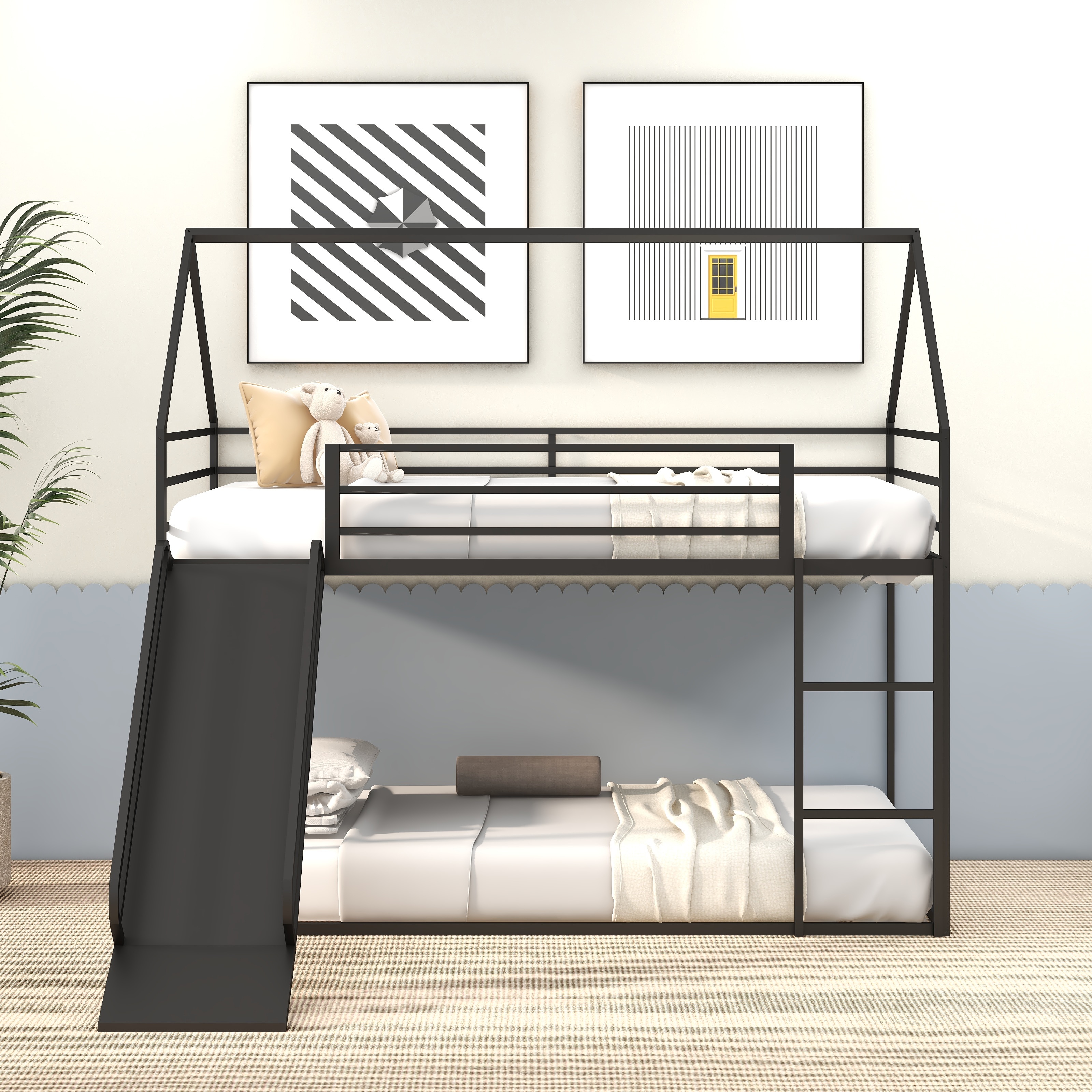 Twin over Twin House Bed with Ladder and Slider, House Bed, Bunk Bed Twin over Twin House Bed with Ladder and Slider, House Bed, Bunk Bed
