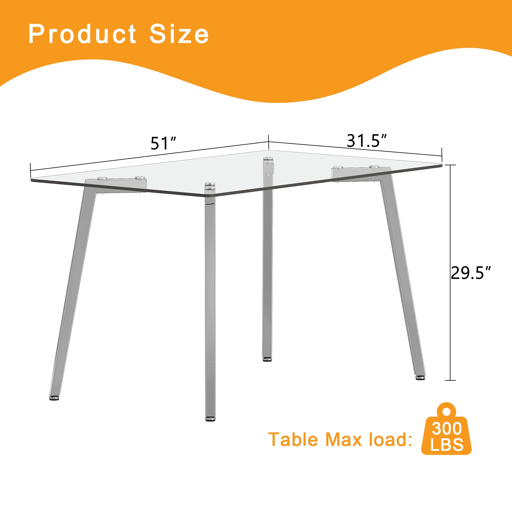 51 * 31.5 inch rectangular dining table: transparent glass paired with silver seven character legs, showcasing a luxurious texture. Suitable for various places such as kitchens, dining rooms,etc. 51 * 31.5 inch rectangular dining table: transparent glass paired with silver seven character legs, showcasing a luxurious texture. Suitable for various places such as kitchens, dining rooms,etc.
