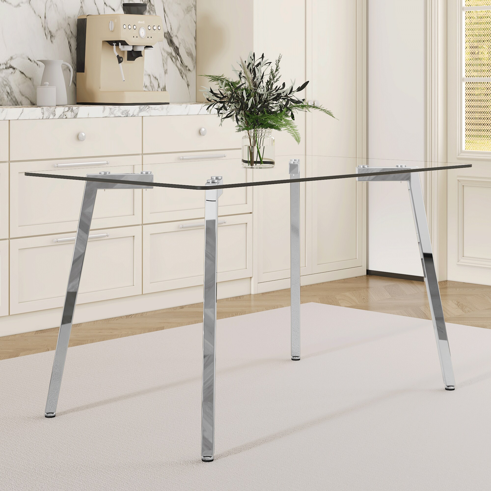 51 * 31.5 inch rectangular dining table: transparent glass paired with silver seven character legs, showcasing a luxurious texture. Suitable for various places such as kitchens, dining rooms,etc. 51 * 31.5 inch rectangular dining table: transparent glass paired with silver seven character legs, showcasing a luxurious texture. Suitable for various places such as kitchens, dining rooms,etc.