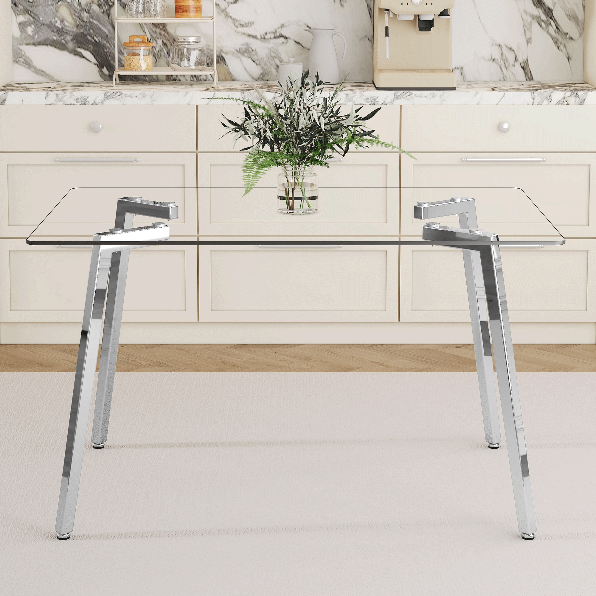 51 * 31.5 inch rectangular dining table: transparent glass paired with silver seven character legs, showcasing a luxurious texture. Suitable for various places such as kitchens, dining rooms,etc. 51 * 31.5 inch rectangular dining table: transparent glass paired with silver seven character legs, showcasing a luxurious texture. Suitable for various places such as kitchens, dining rooms,etc.