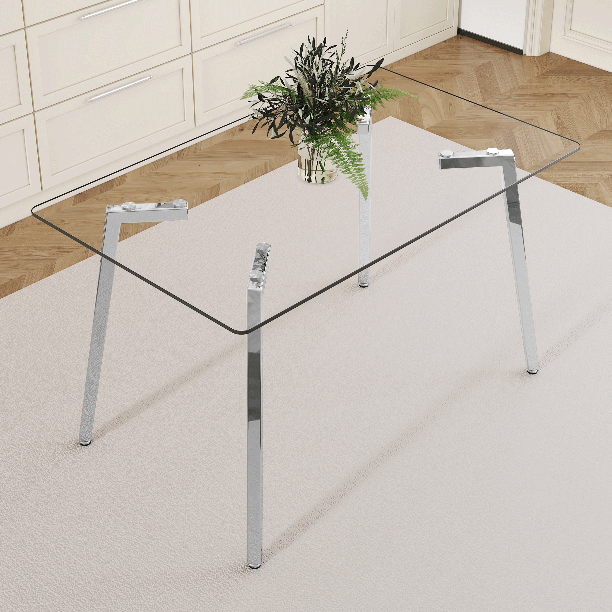 51 * 31.5 inch rectangular dining table: transparent glass paired with silver seven character legs, showcasing a luxurious texture. Suitable for various places such as kitchens, dining rooms,etc. 51 * 31.5 inch rectangular dining table: transparent glass paired with silver seven character legs, showcasing a luxurious texture. Suitable for various places such as kitchens, dining rooms,etc.
