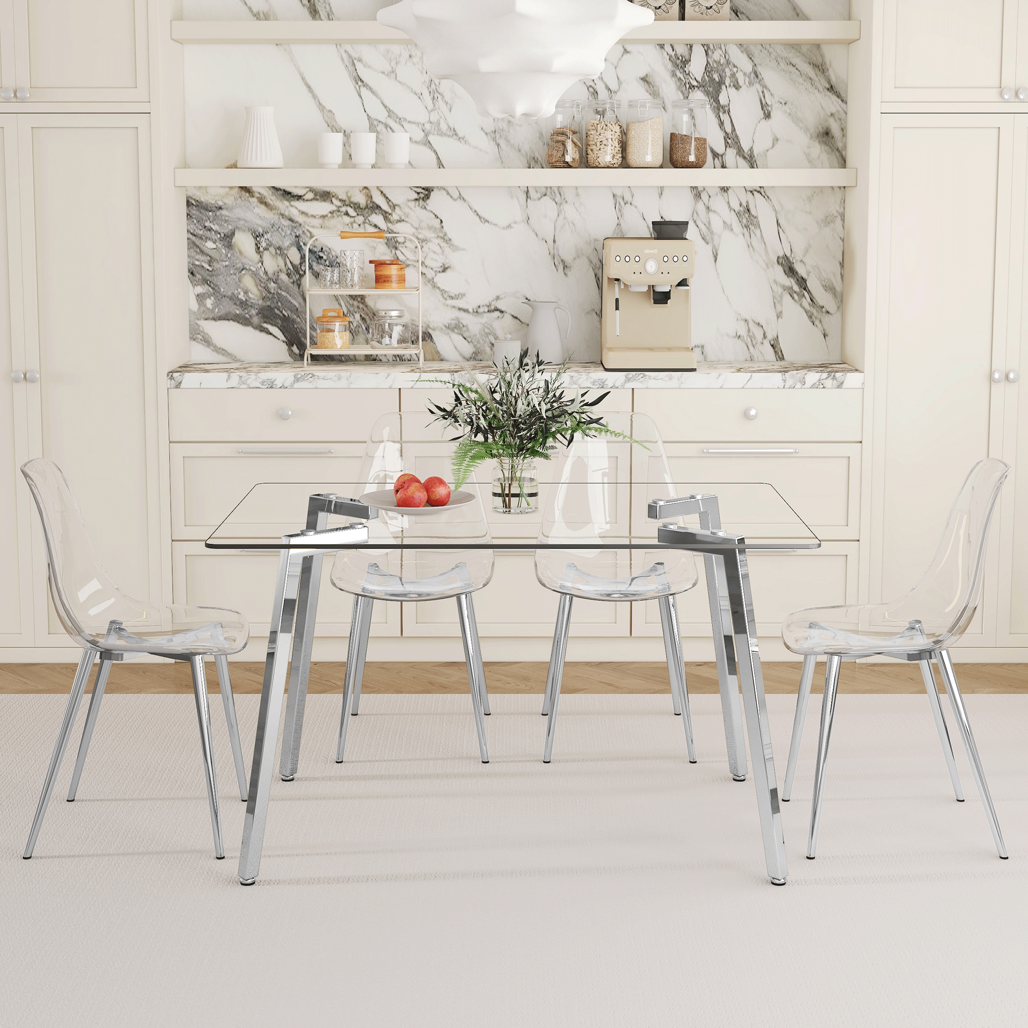 Table and chair set.51 * 31.5 inch silver leg glass dining table with four transparent dining chairs: a stylish combination that showcases elegant style. Table and chair set.51 * 31.5 inch silver leg glass dining table with four transparent dining chairs: a stylish combination that showcases elegant style.