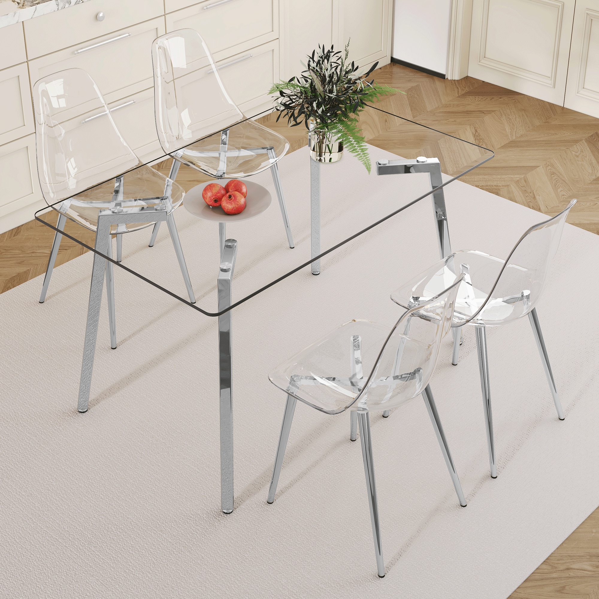 Table and chair set.51 * 31.5 inch silver leg glass dining table with four transparent dining chairs: a stylish combination that showcases elegant style. Table and chair set.51 * 31.5 inch silver leg glass dining table with four transparent dining chairs: a stylish combination that showcases elegant style.