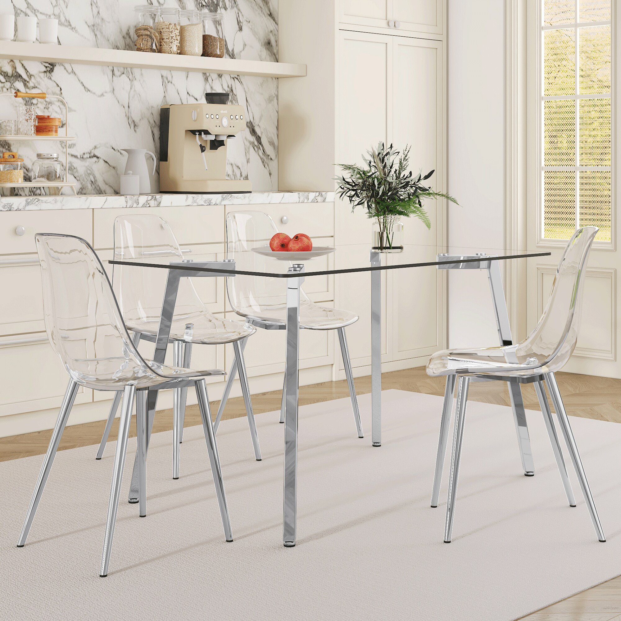 Table and chair set.51 * 31.5 inch silver leg glass dining table with four transparent dining chairs: a stylish combination that showcases elegant style. Table and chair set.51 * 31.5 inch silver leg glass dining table with four transparent dining chairs: a stylish combination that showcases elegant style.