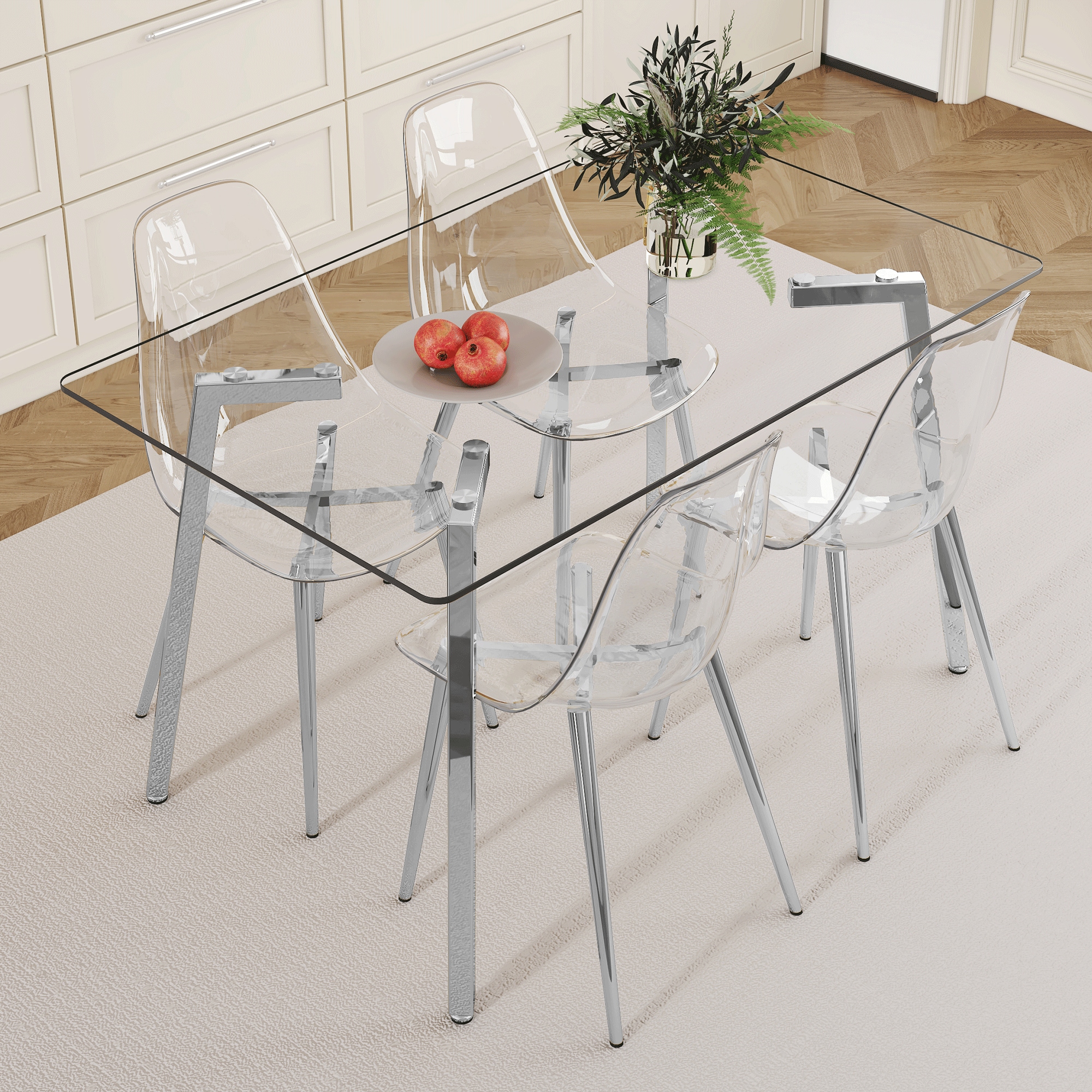 Table and chair set.51 * 31.5 inch silver leg glass dining table with four transparent dining chairs: a stylish combination that showcases elegant style. Table and chair set.51 * 31.5 inch silver leg glass dining table with four transparent dining chairs: a stylish combination that showcases elegant style.
