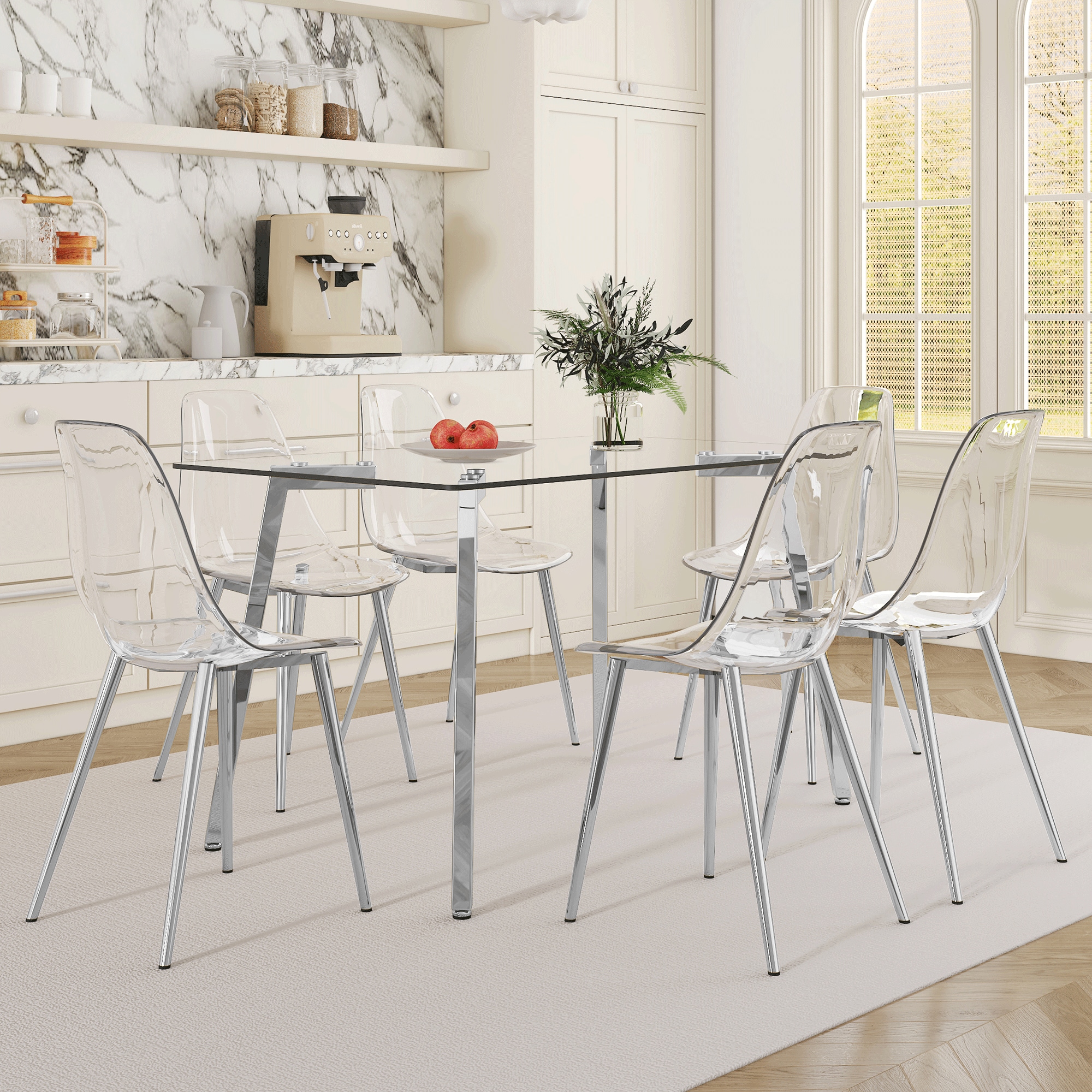Table and chair set.51 * 31.5 inch silver leg glass dining table with 6 transparent dining chairs: a stylish combination that showcases elegant style. Table and chair set.51 * 31.5 inch silver leg glass dining table with 6 transparent dining chairs: a stylish combination that showcases elegant style.