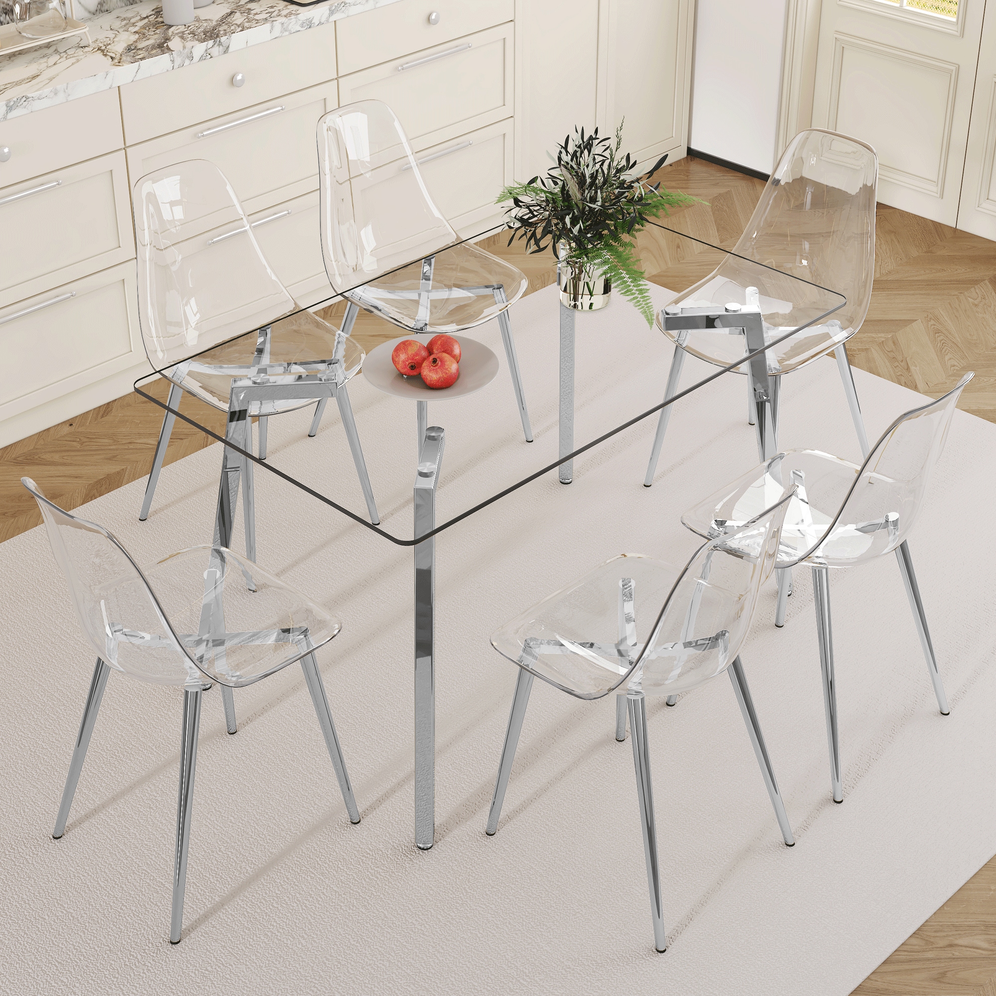 Table and chair set.51 * 31.5 inch silver leg glass dining table with 6 transparent dining chairs: a stylish combination that showcases elegant style. Table and chair set.51 * 31.5 inch silver leg glass dining table with 6 transparent dining chairs: a stylish combination that showcases elegant style.