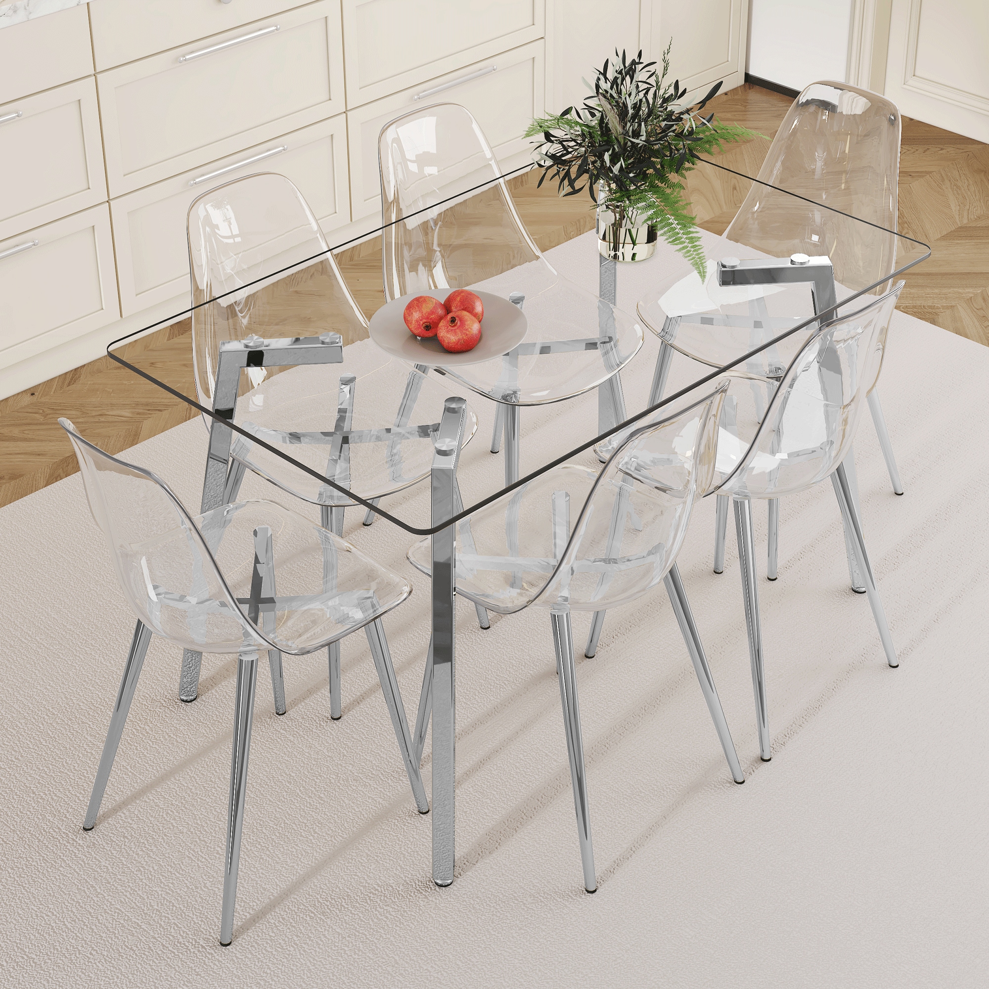 Table and chair set.51 * 31.5 inch silver leg glass dining table with 6 transparent dining chairs: a stylish combination that showcases elegant style. Table and chair set.51 * 31.5 inch silver leg glass dining table with 6 transparent dining chairs: a stylish combination that showcases elegant style.
