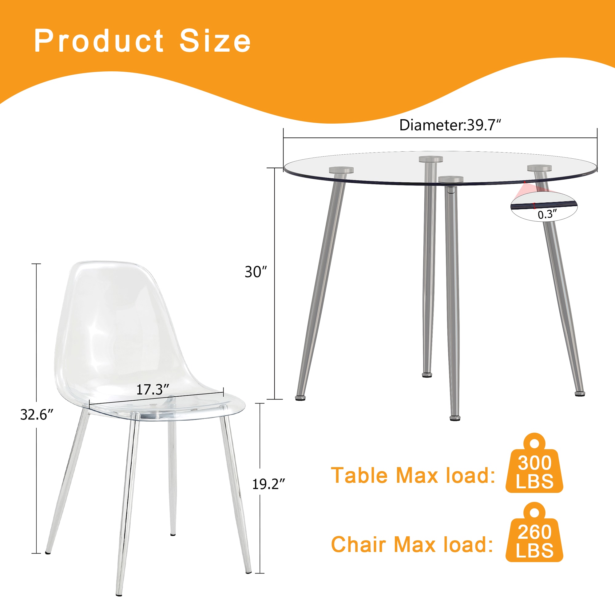 Table and chair set.39.7-inch diameter circular dining table: transparent glass paired with silver table legs,with 6 transparent dining chairs: a stylish combination that showcases elegant style. Table and chair set.39.7-inch diameter circular dining table: transparent glass paired with silver table legs,with 6 transparent dining chairs: a stylish combination that showcases elegant style.