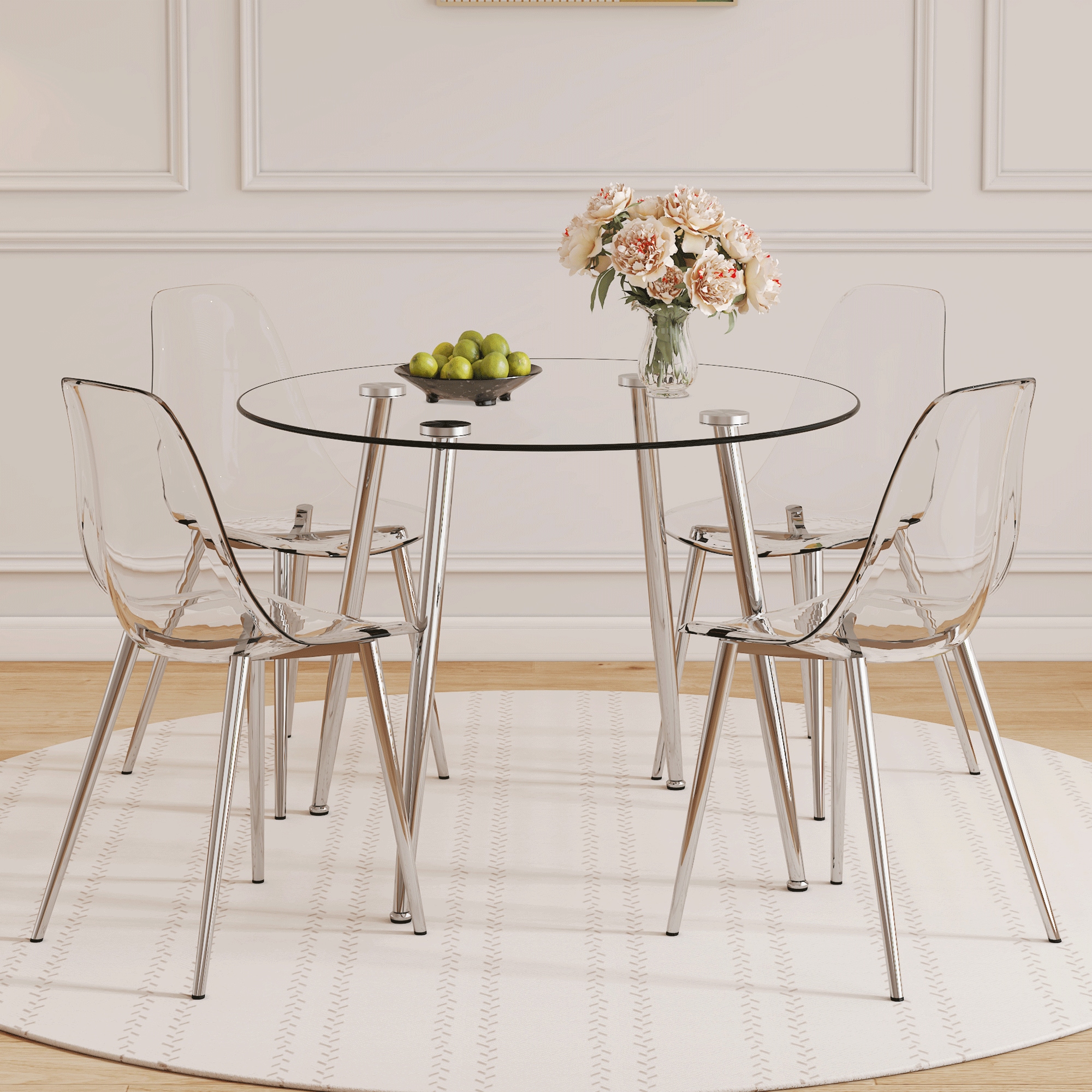 Table and chair set.39.7-inch diameter circular dining table: transparent glass paired with silver table legs,with 4 transparent dining chairs: a stylish combination that showcases elegant style. Table and chair set.39.7-inch diameter circular dining table: transparent glass paired with silver table legs,with 4 transparent dining chairs: a stylish combination that showcases elegant style.