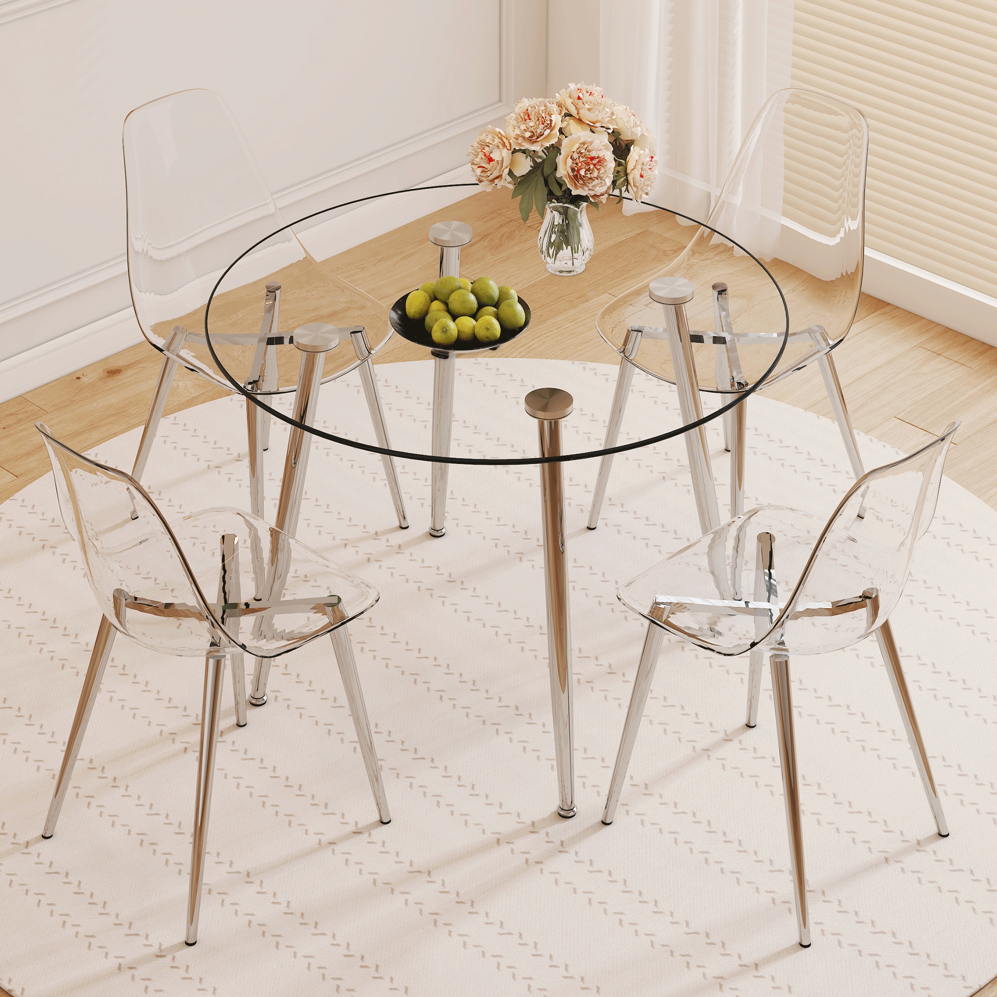 Table and chair set.39.7-inch diameter circular dining table: transparent glass paired with silver table legs,with 4 transparent dining chairs: a stylish combination that showcases elegant style. Table and chair set.39.7-inch diameter circular dining table: transparent glass paired with silver table legs,with 4 transparent dining chairs: a stylish combination that showcases elegant style.