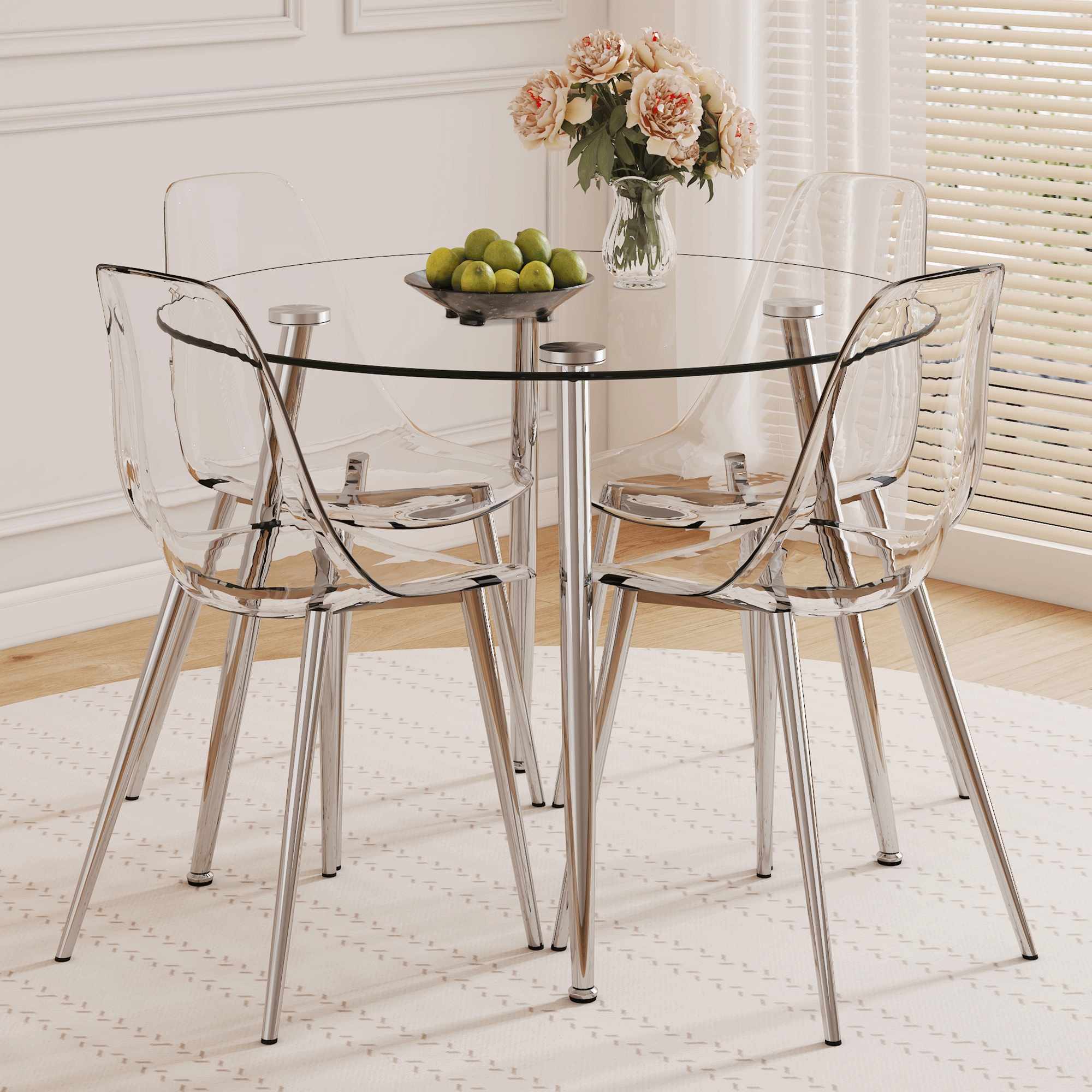 Table and chair set.39.7-inch diameter circular dining table: transparent glass paired with silver table legs,with 4 transparent dining chairs: a stylish combination that showcases elegant style. Table and chair set.39.7-inch diameter circular dining table: transparent glass paired with silver table legs,with 4 transparent dining chairs: a stylish combination that showcases elegant style.