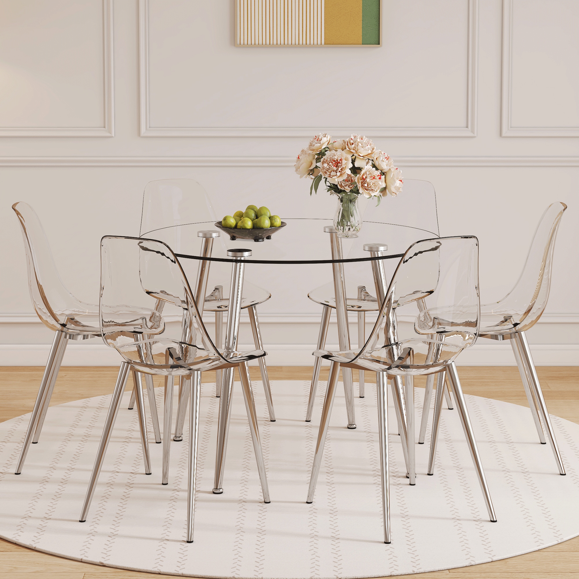 Table and chair set.39.7-inch diameter circular dining table: transparent glass paired with silver table legs,with 6 transparent dining chairs: a stylish combination that showcases elegant style. Table and chair set.39.7-inch diameter circular dining table: transparent glass paired with silver table legs,with 6 transparent dining chairs: a stylish combination that showcases elegant style.