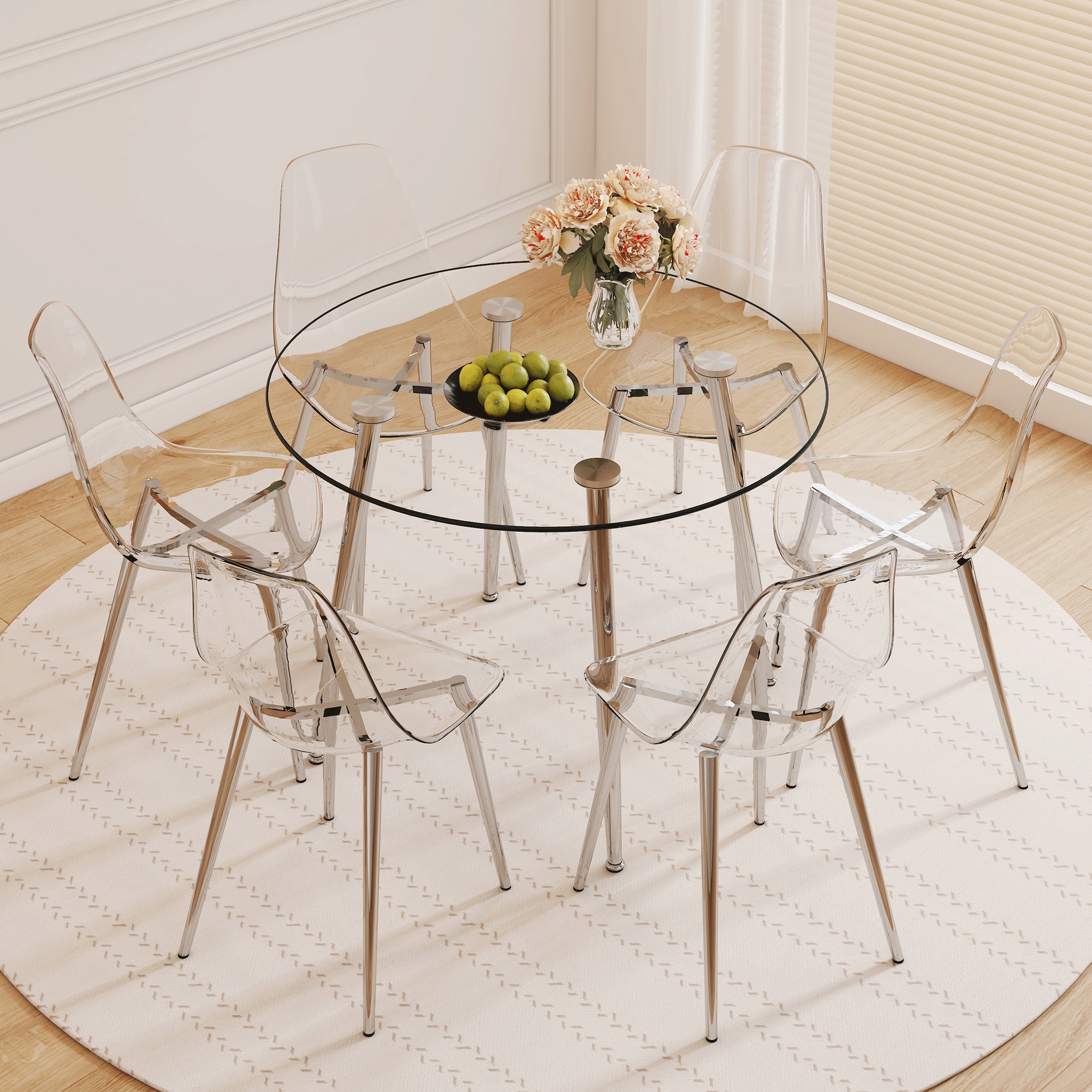 Table and chair set.39.7-inch diameter circular dining table: transparent glass paired with silver table legs,with 6 transparent dining chairs: a stylish combination that showcases elegant style. Table and chair set.39.7-inch diameter circular dining table: transparent glass paired with silver table legs,with 6 transparent dining chairs: a stylish combination that showcases elegant style.