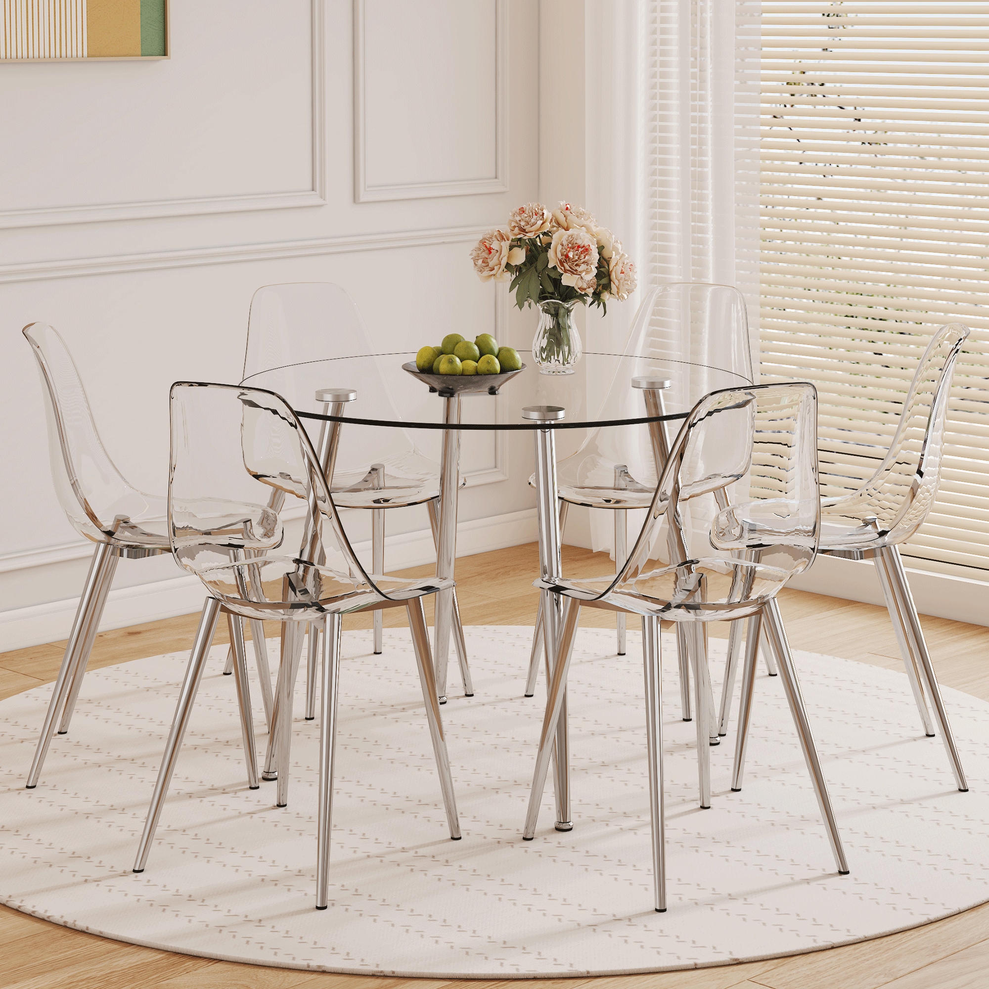 Table and chair set.39.7-inch diameter circular dining table: transparent glass paired with silver table legs,with 6 transparent dining chairs: a stylish combination that showcases elegant style. Table and chair set.39.7-inch diameter circular dining table: transparent glass paired with silver table legs,with 6 transparent dining chairs: a stylish combination that showcases elegant style.