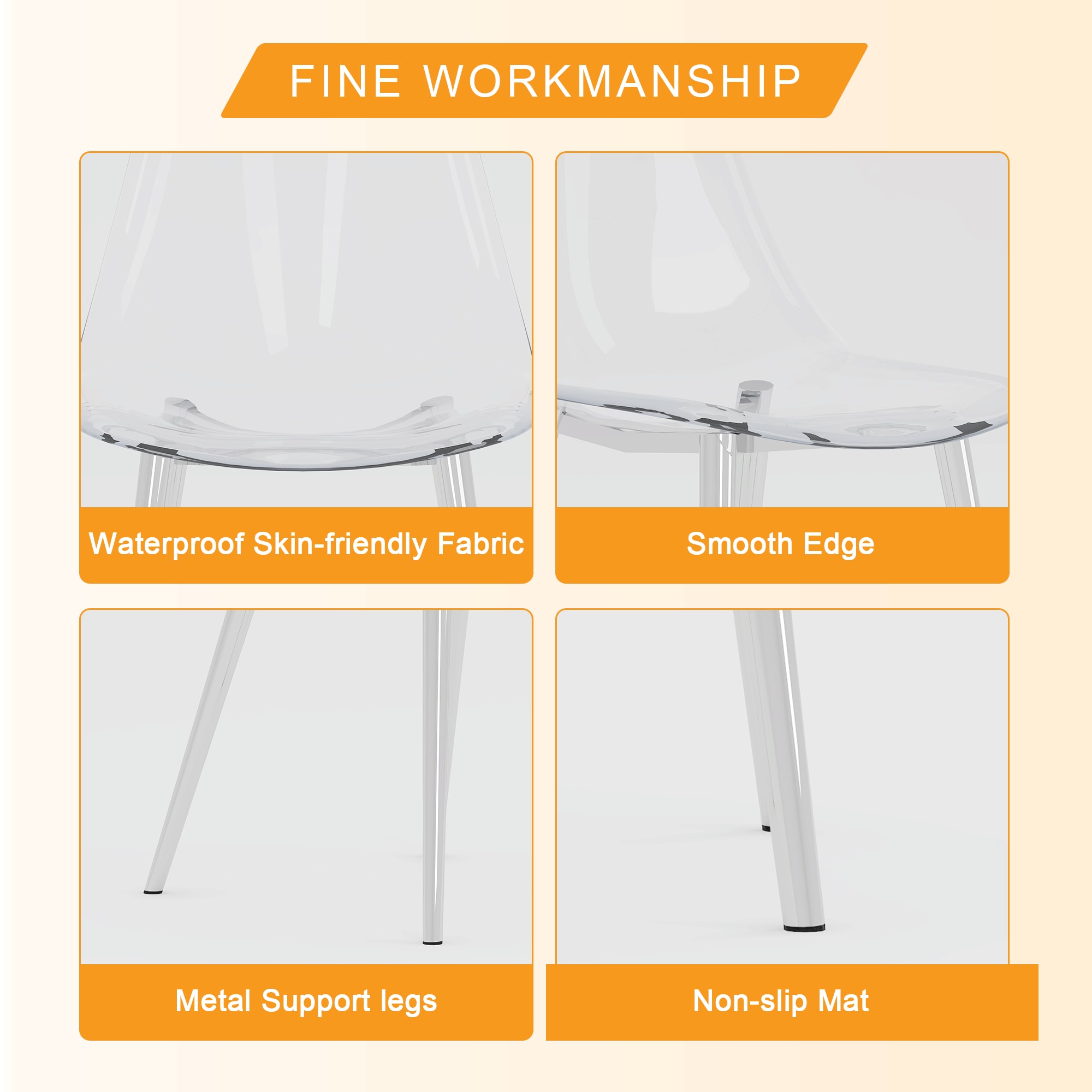 Six transparent plastic dining chairs: stylish design, silver metal legs, stable support, suitable for multiple scenarios, essential for modern home decor.Integrated backrest and cushion. Six transparent plastic dining chairs: stylish design, silver metal legs, stable support, suitable for multiple scenarios, essential for modern home decor.Integrated backrest and cushion.