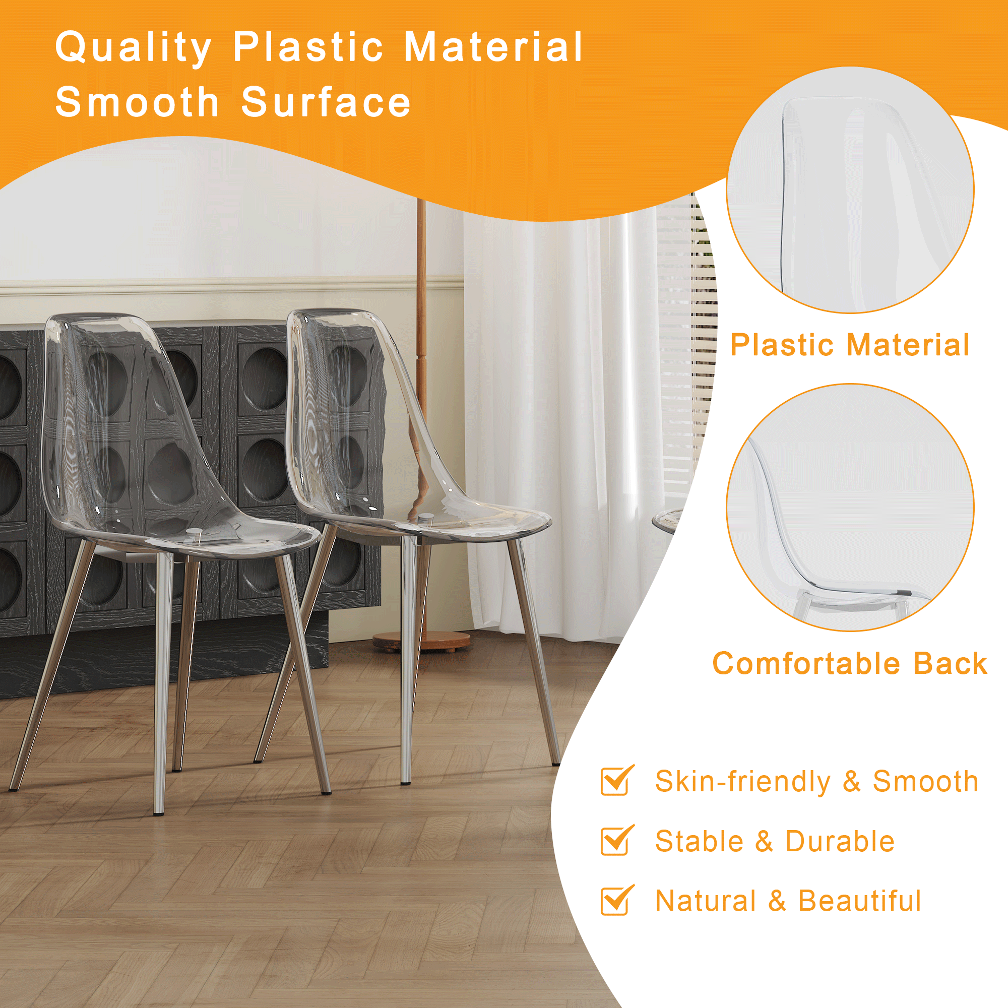 Six transparent plastic dining chairs: stylish design, silver metal legs, stable support, suitable for multiple scenarios, essential for modern home decor.Integrated backrest and cushion. Six transparent plastic dining chairs: stylish design, silver metal legs, stable support, suitable for multiple scenarios, essential for modern home decor.Integrated backrest and cushion.