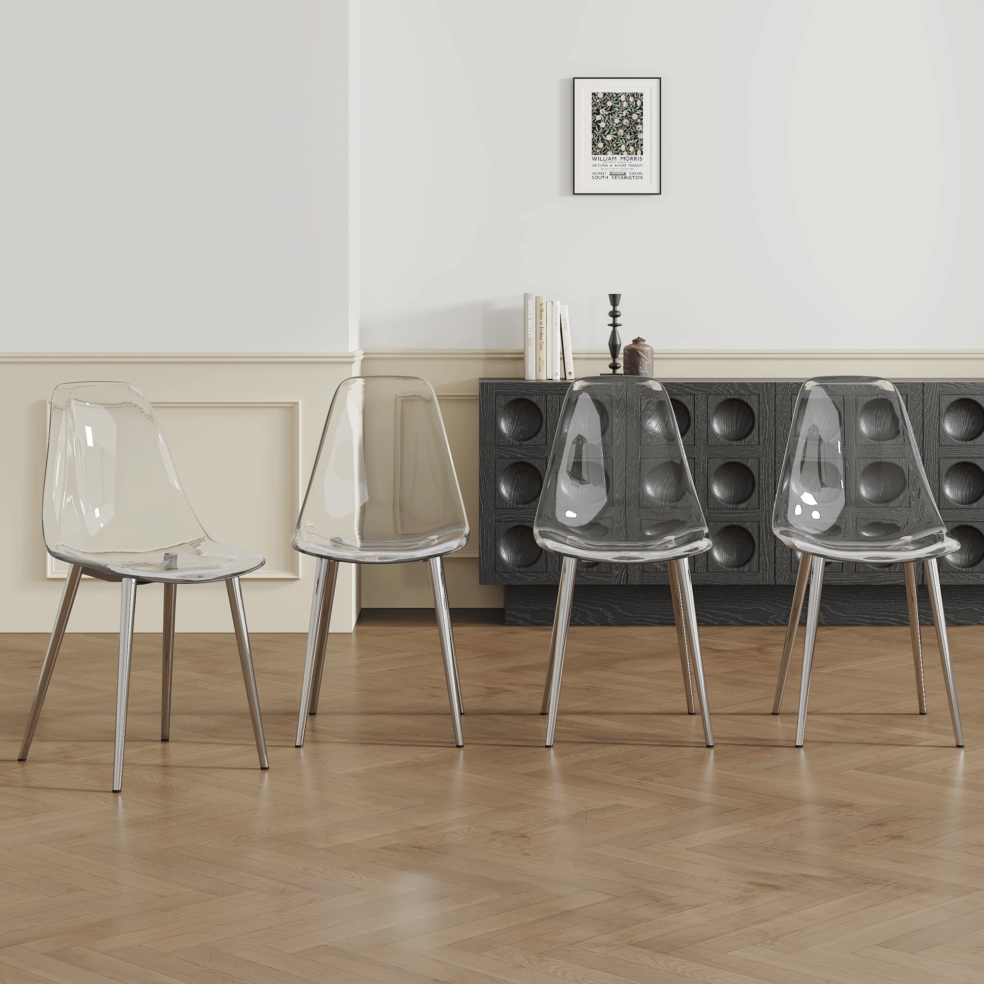 Four transparent plastic dining chairs: stylish design, silver metal legs, stable support, suitable for multiple scenarios, essential for modern home decor.Integrated backrest and cushion. Four transparent plastic dining chairs: stylish design, silver metal legs, stable support, suitable for multiple scenarios, essential for modern home decor.Integrated backrest and cushion.