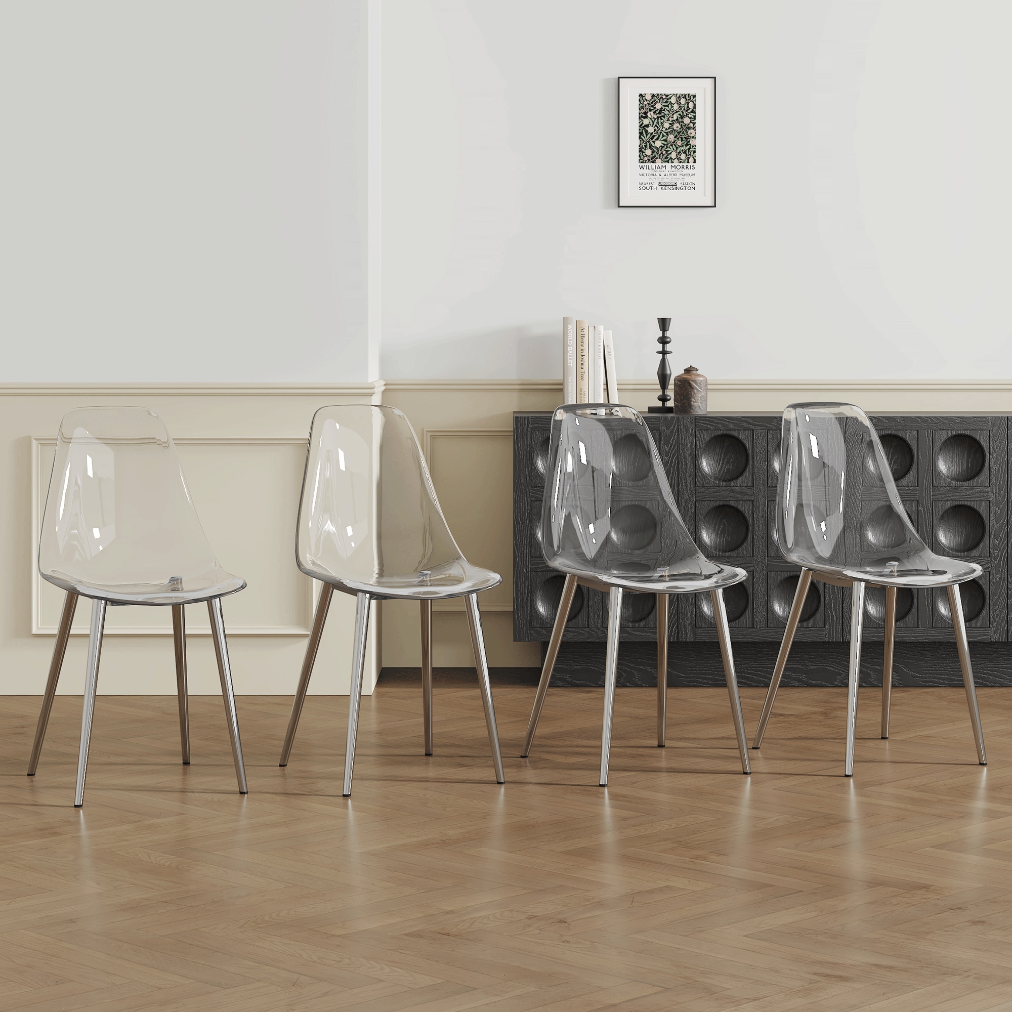 Four transparent plastic dining chairs: stylish design, silver metal legs, stable support, suitable for multiple scenarios, essential for modern home decor.Integrated backrest and cushion. Four transparent plastic dining chairs: stylish design, silver metal legs, stable support, suitable for multiple scenarios, essential for modern home decor.Integrated backrest and cushion.