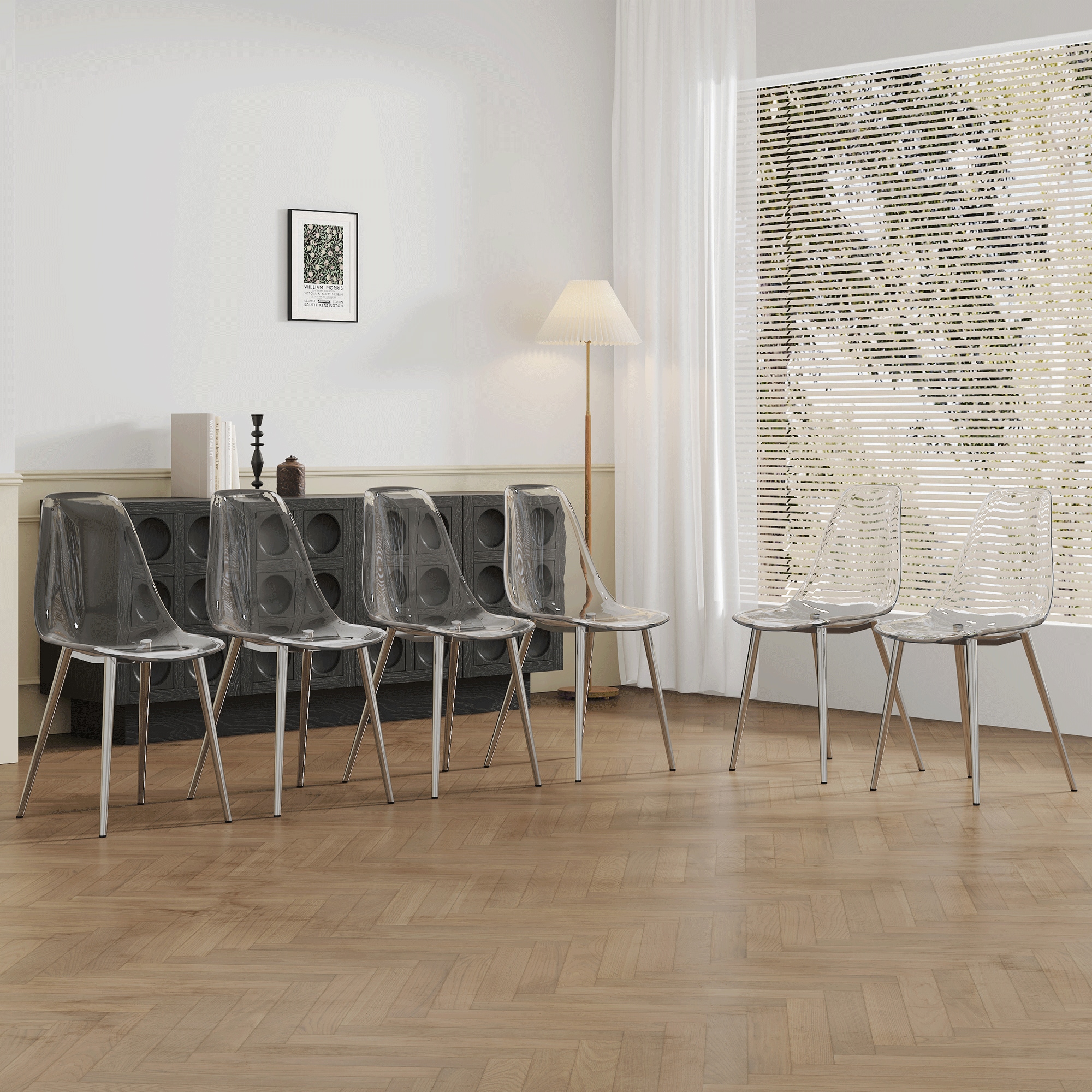 Six transparent plastic dining chairs: stylish design, silver metal legs, stable support, suitable for multiple scenarios, essential for modern home decor.Integrated backrest and cushion. Six transparent plastic dining chairs: stylish design, silver metal legs, stable support, suitable for multiple scenarios, essential for modern home decor.Integrated backrest and cushion.