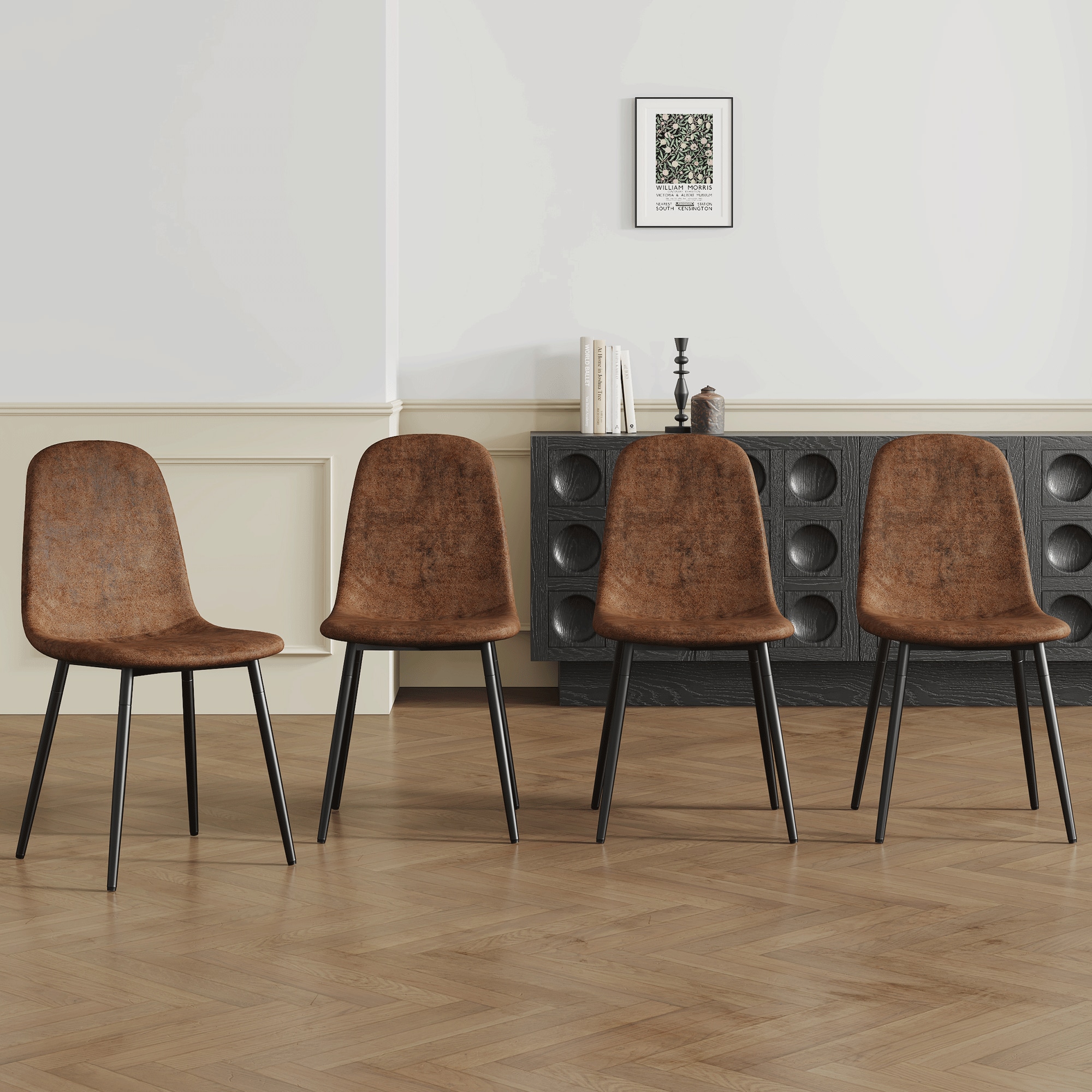 4-Piece Set of Brown Tech Fabric Integrated Dining Chairs .Comfortable & Durable, Stable Support, Versatile for Multiple Scenarios.Unique Design and Black Metal Legs. 4-Piece Set of Brown Tech Fabric Integrated Dining Chairs .Comfortable & Durable, Stable Support, Versatile for Multiple Scenarios.Unique Design and Black Metal Legs.
