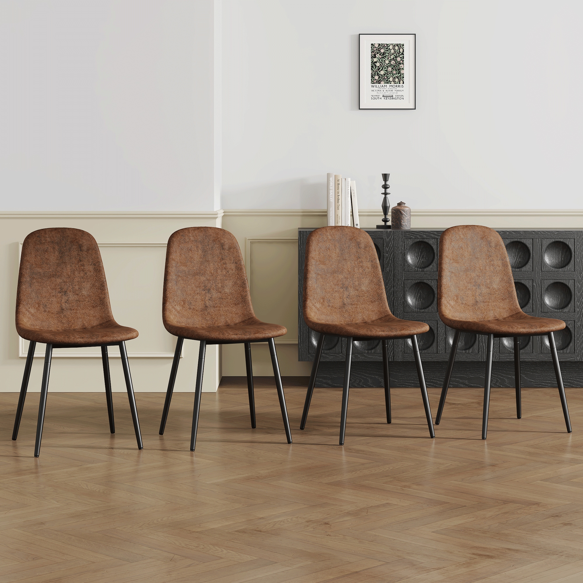 4-Piece Set of Brown Tech Fabric Integrated Dining Chairs .Comfortable & Durable, Stable Support, Versatile for Multiple Scenarios.Unique Design and Black Metal Legs. 4-Piece Set of Brown Tech Fabric Integrated Dining Chairs .Comfortable & Durable, Stable Support, Versatile for Multiple Scenarios.Unique Design and Black Metal Legs.