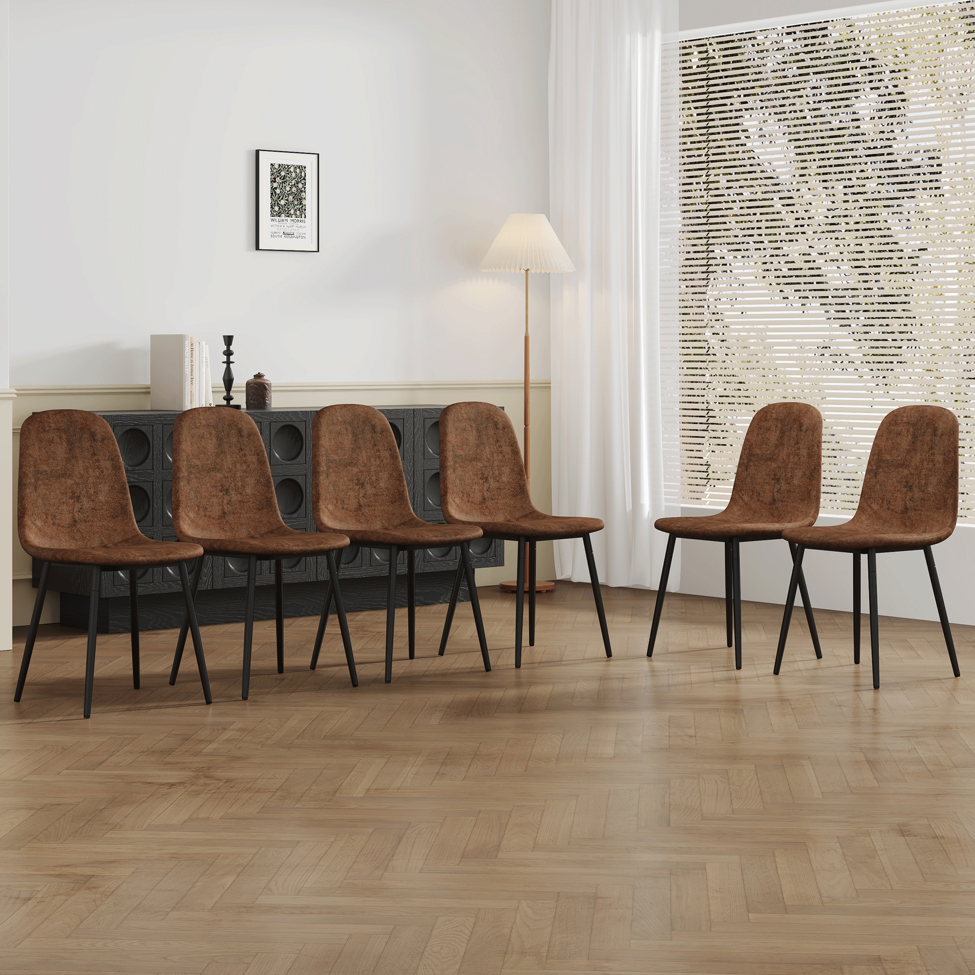 6-Piece Set of Brown Tech Fabric Integrated Dining Chairs .Comfortable & Durable, Stable Support, Versatile for Multiple Scenarios.Unique Design and Black Metal Legs. 6-Piece Set of Brown Tech Fabric Integrated Dining Chairs .Comfortable & Durable, Stable Support, Versatile for Multiple Scenarios.Unique Design and Black Metal Legs.