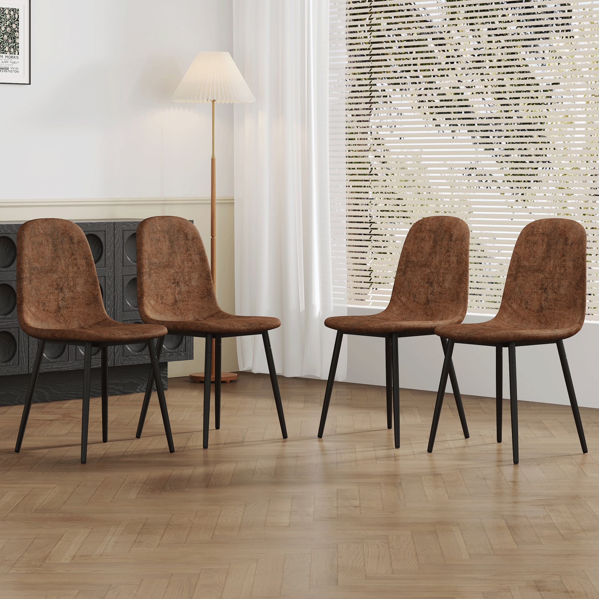 4-Piece Set of Brown Tech Fabric Integrated Dining Chairs .Comfortable & Durable, Stable Support, Versatile for Multiple Scenarios.Unique Design and Black Metal Legs. 4-Piece Set of Brown Tech Fabric Integrated Dining Chairs .Comfortable & Durable, Stable Support, Versatile for Multiple Scenarios.Unique Design and Black Metal Legs.