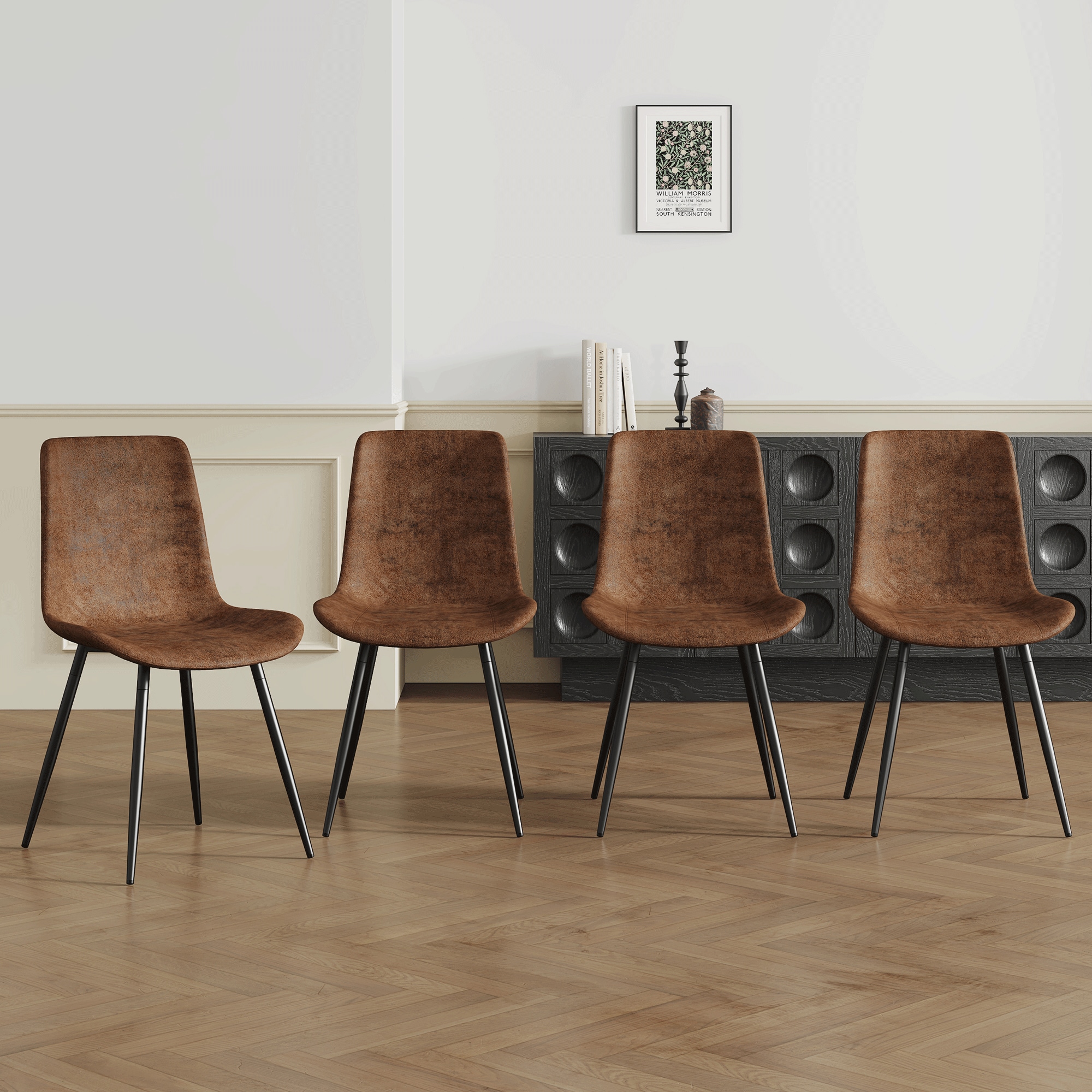4-Piece Set of Brown Tech Fabric Integrated Dining Chairs .Comfortable & Durable, Stable Support, Unique Design and Black Metal Legs.Wider Seat Cushion and Square Angle Backrest for Extra Comfort. 4-Piece Set of Brown Tech Fabric Integrated Dining Chairs .Comfortable & Durable, Stable Support, Unique Design and Black Metal Legs.Wider Seat Cushion and Square Angle Backrest for Extra Comfort.