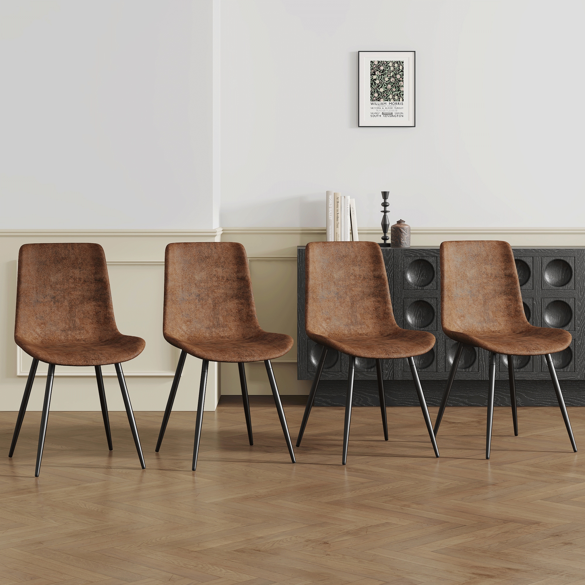 4-Piece Set of Brown Tech Fabric Integrated Dining Chairs .Comfortable & Durable, Stable Support, Unique Design and Black Metal Legs.Wider Seat Cushion and Square Angle Backrest for Extra Comfort. 4-Piece Set of Brown Tech Fabric Integrated Dining Chairs .Comfortable & Durable, Stable Support, Unique Design and Black Metal Legs.Wider Seat Cushion and Square Angle Backrest for Extra Comfort.