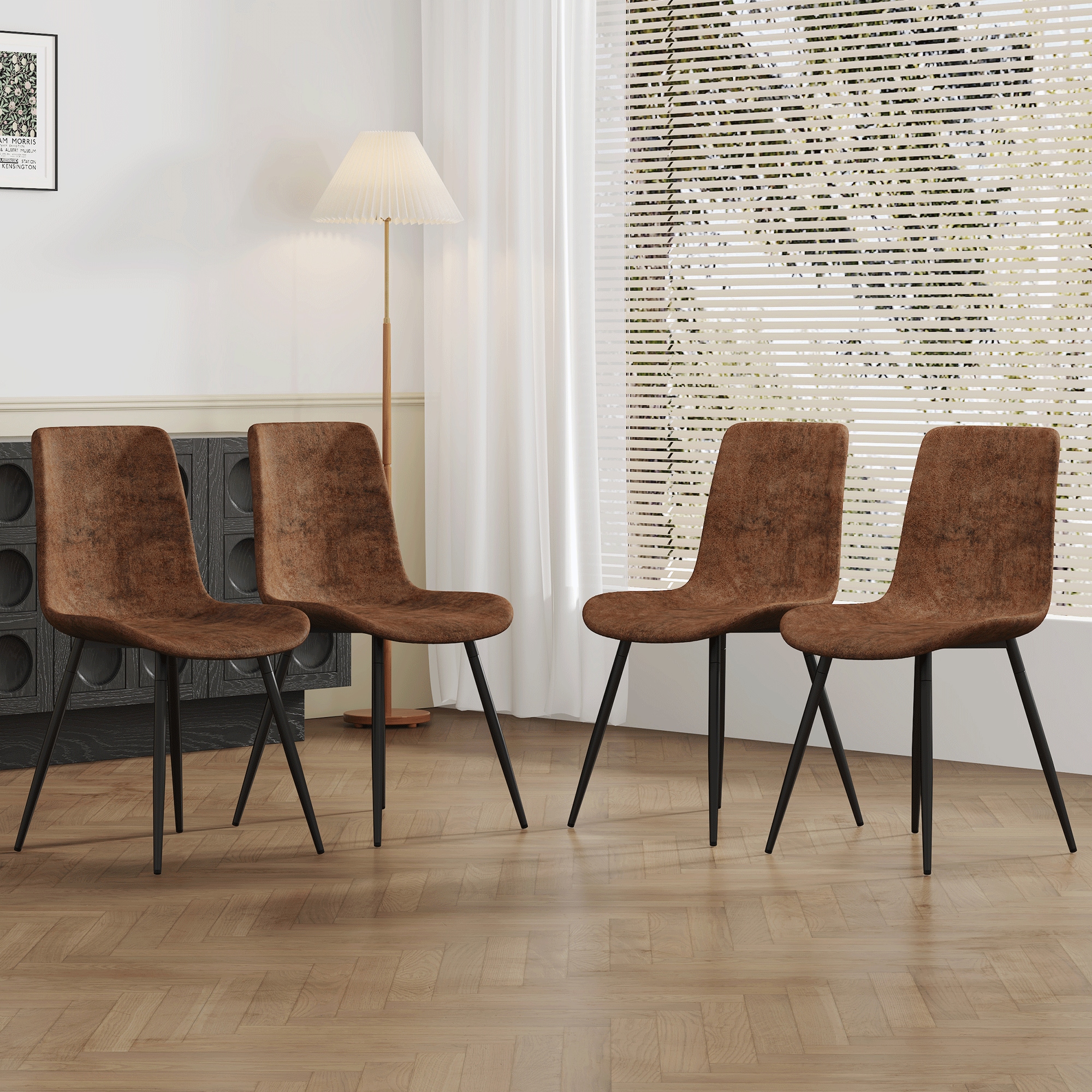 4-Piece Set of Brown Tech Fabric Integrated Dining Chairs .Comfortable & Durable, Stable Support, Unique Design and Black Metal Legs.Wider Seat Cushion and Square Angle Backrest for Extra Comfort. 4-Piece Set of Brown Tech Fabric Integrated Dining Chairs .Comfortable & Durable, Stable Support, Unique Design and Black Metal Legs.Wider Seat Cushion and Square Angle Backrest for Extra Comfort.