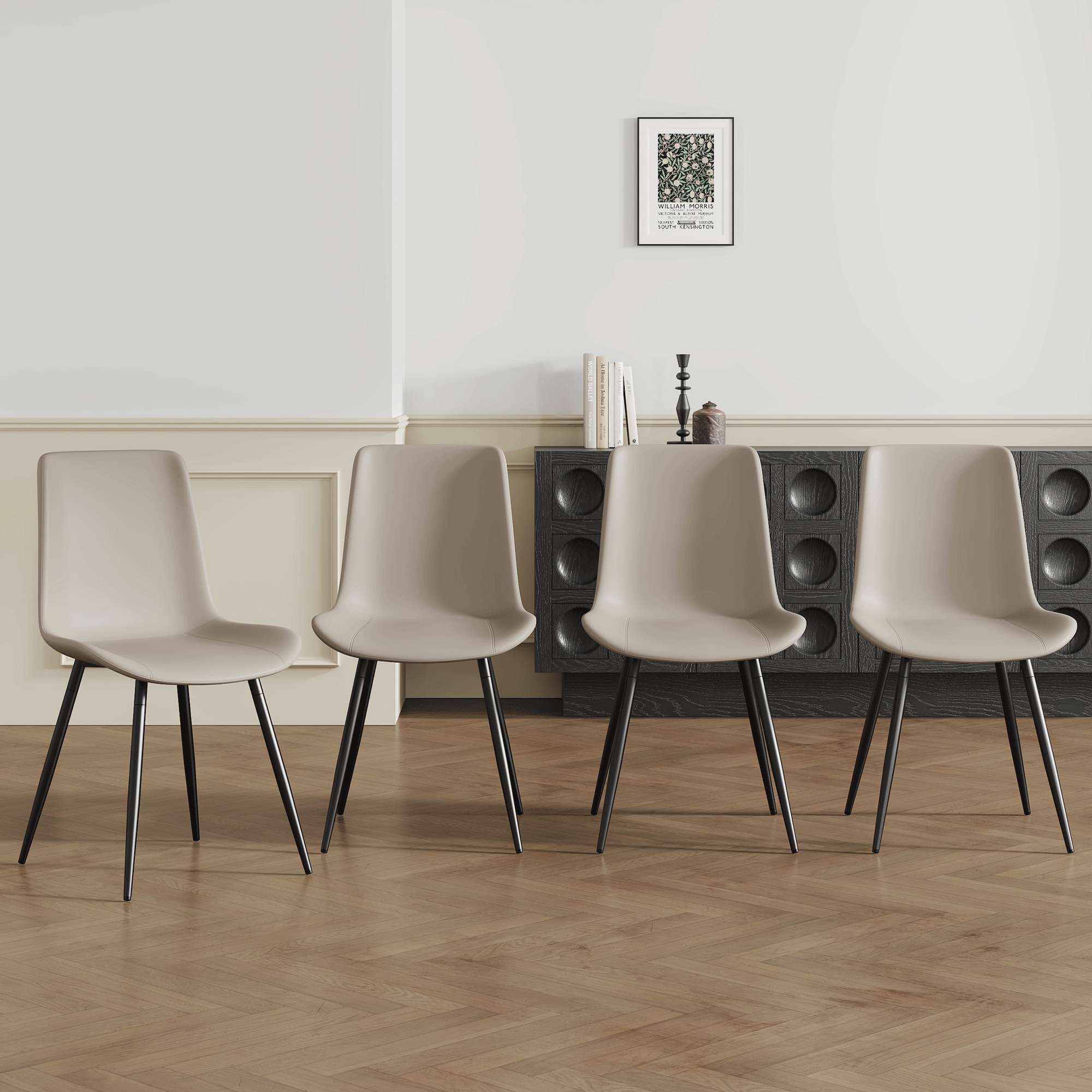 4-piece set of gray PU material dining chairs. Comfortable and durable, stable support, unique design, black metal legs. A wider seat cushion and square backrest provide additional comfort. 4-piece set of gray PU material dining chairs. Comfortable and durable, stable support, unique design, black metal legs. A wider seat cushion and square backrest provide additional comfort.