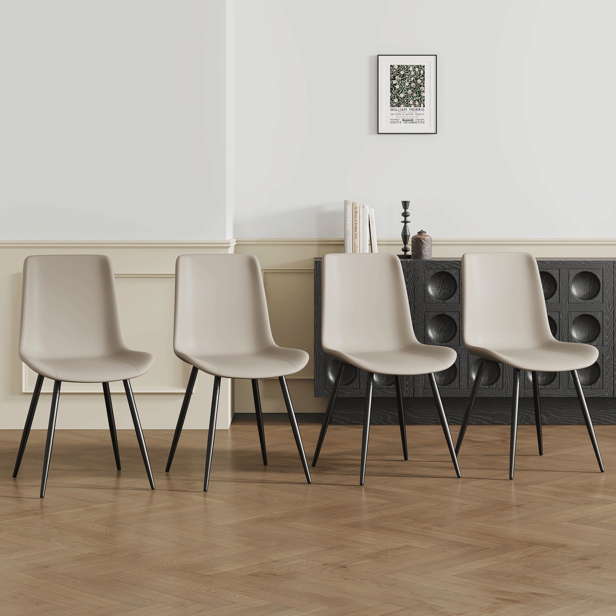 4-piece set of gray PU material dining chairs. Comfortable and durable, stable support, unique design, black metal legs. A wider seat cushion and square backrest provide additional comfort. 4-piece set of gray PU material dining chairs. Comfortable and durable, stable support, unique design, black metal legs. A wider seat cushion and square backrest provide additional comfort.